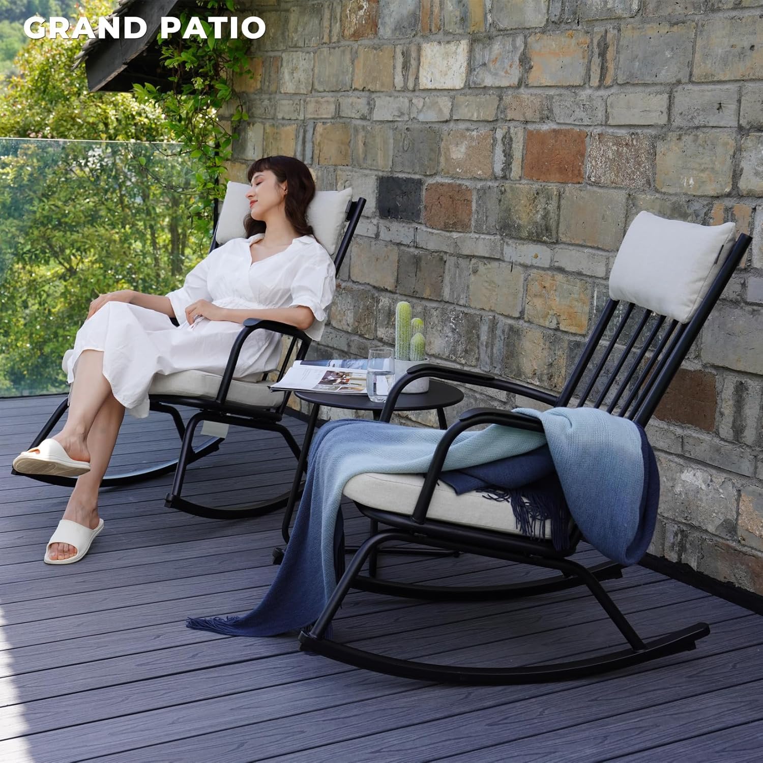 Grand patio Garten Schaukelstuhl Set mit Kissen und Beistelltisch, Outdoor GartenStuhl Schwingsessel bis 150 kg belastbar für Garten, Schlafzimmer, Wohnzimmer, Ecke, Veranda, Rot (Schwarz)