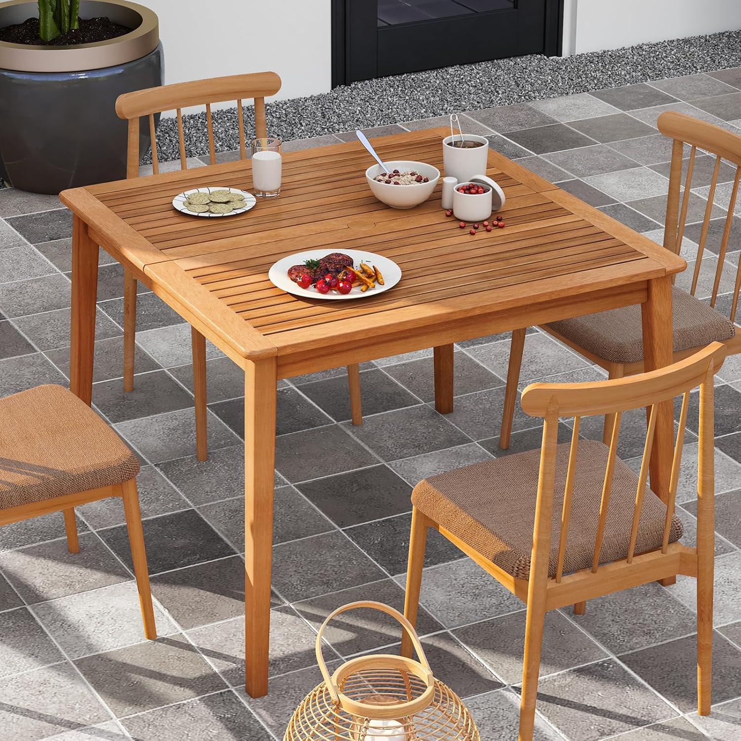 HAPPYGRILL Outdoor Acacia Wood Dining Table for 4 People, 40” Square Patio Bistro Table with Built-in Umbrella Hole, Deck Table for Porch, Garden, Backyard