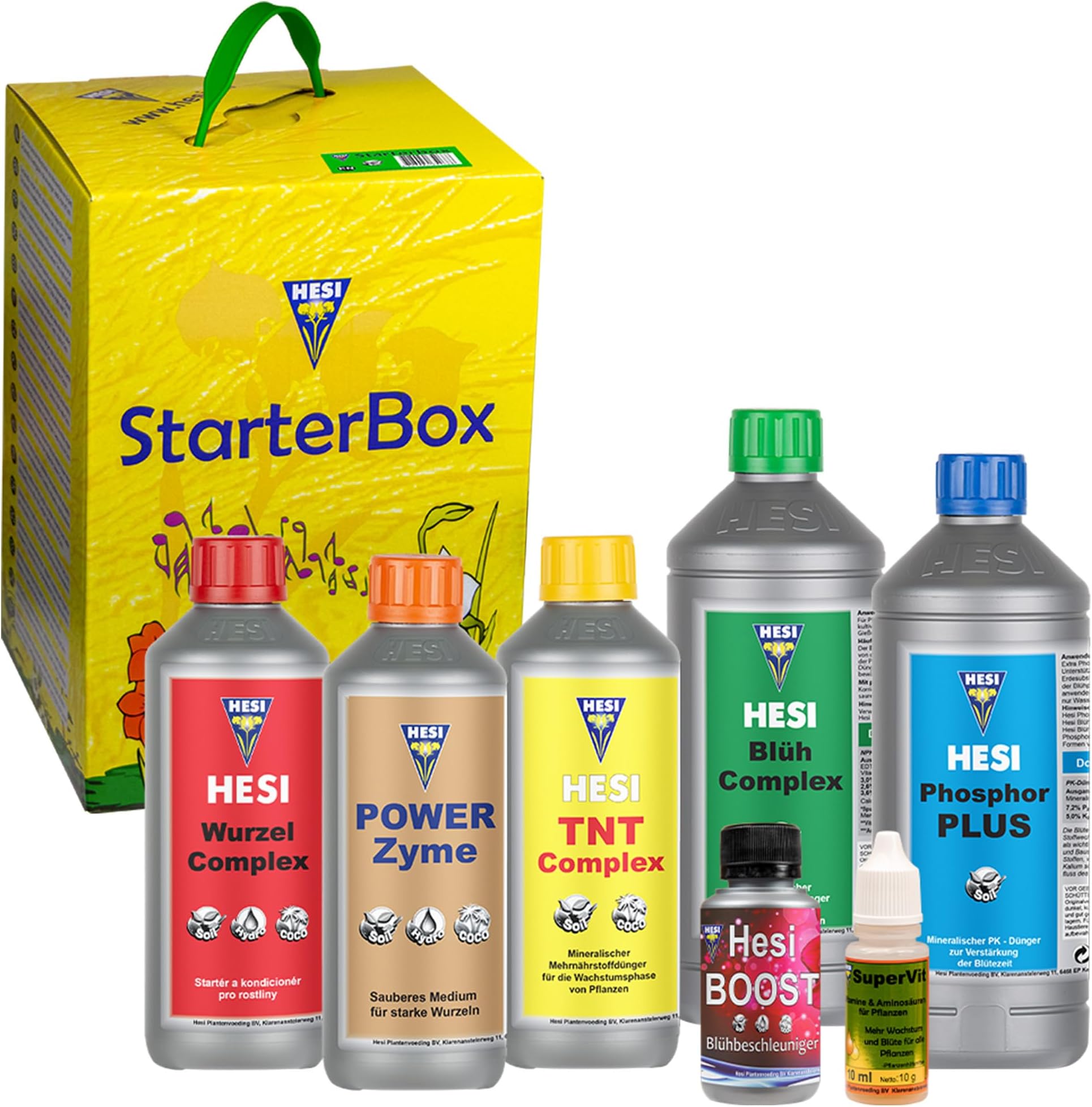 Hesi StarterBox Earth - Hesi Starter Set Earth with Hesi Root Complex 500 ml, Hesi SuperVit 10 ml, Hesi PowerZyme 500 ml, Hesi TNT Complex 500 ml, Hesi Blüh Complex 1L, Hesi Phosphor Plus 1L, Boost