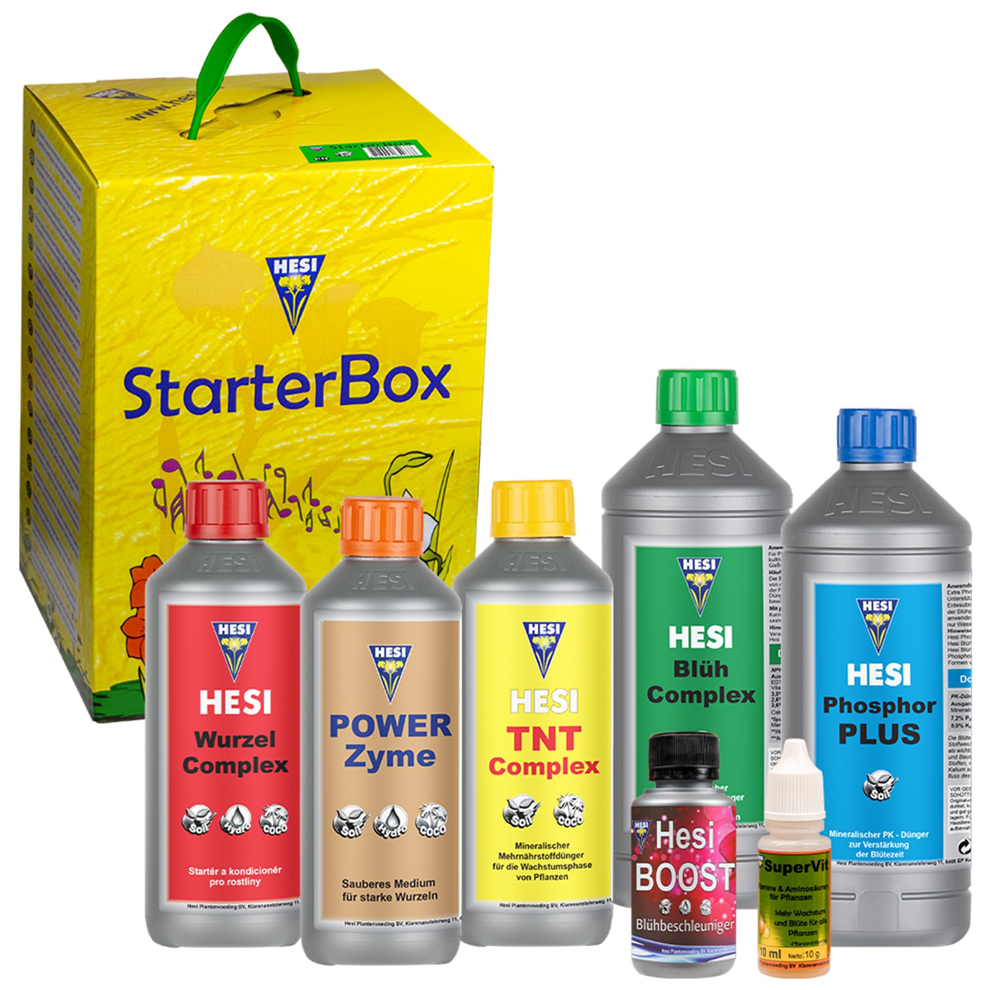 Hesi StarterBox Earth - Hesi Starter Set Earth with Hesi Root Complex 500 ml, Hesi SuperVit 10 ml, Hesi PowerZyme 500 ml, Hesi TNT Complex 500 ml, Hesi Blüh Complex 1L, Hesi Phosphor Plus 1L, Boost