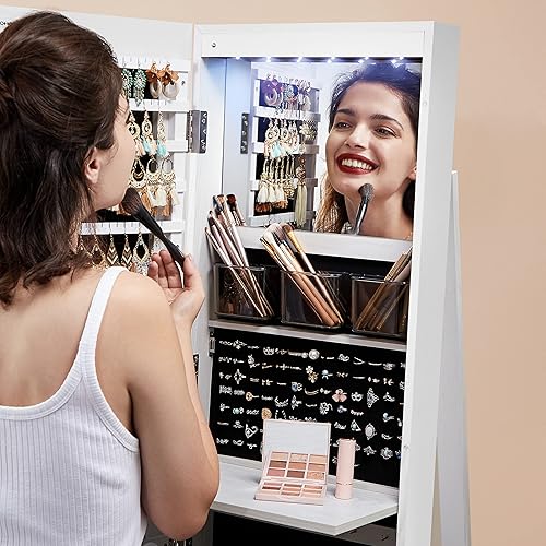 Miniatura 7 de SONGMICS Armario de joyería de espejo con cerradura de 6 LED, organizador de joyas giratorio de 360, Armario de joyería de pie, espejo de cuerpo