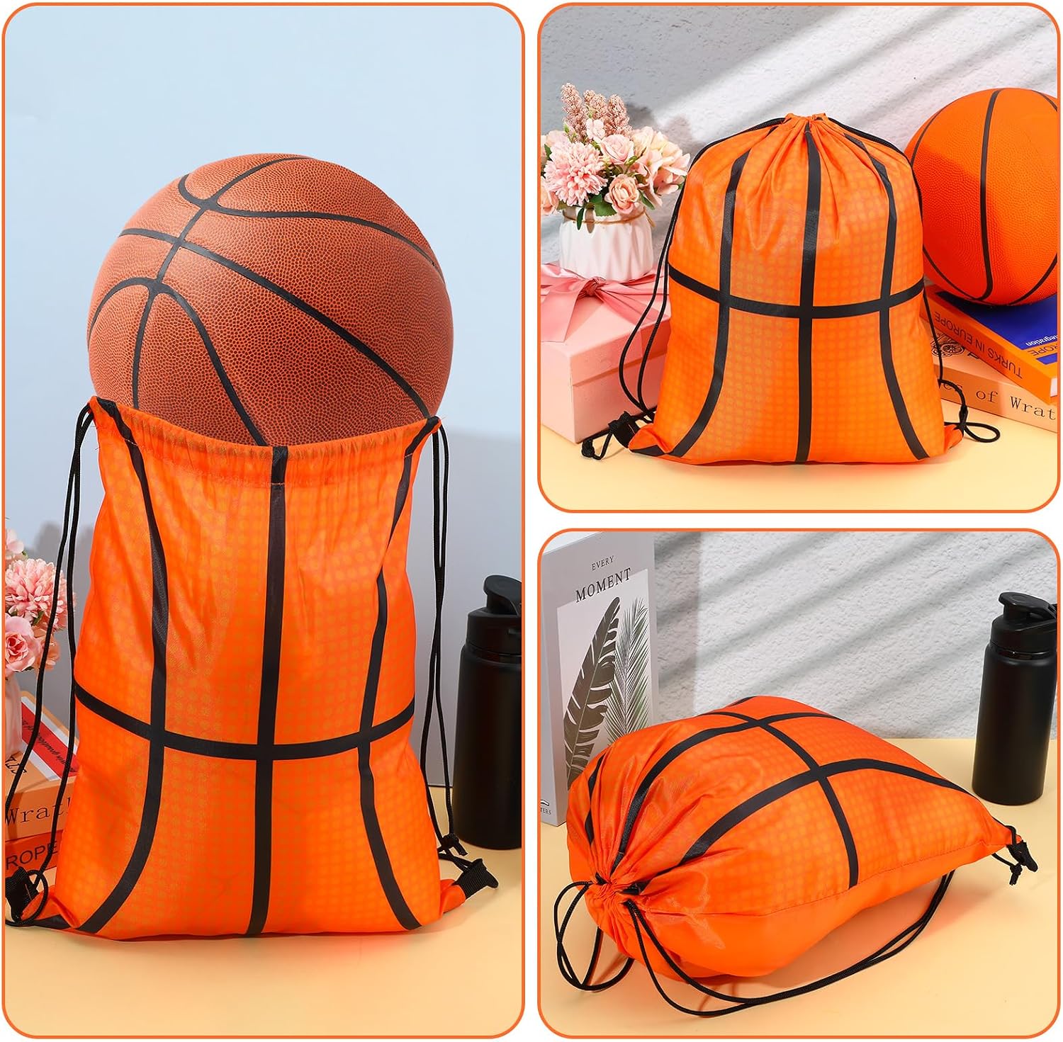 AojSup 24 Pieces Basketball Drawstring Bags, Bulk Pack Sports Theme Basketball Bags Party Favors with Adjustable Straps, Team Gift Goodie Treat Backpacks for Snacks Decorations (16.9 x 13.4 Inches)