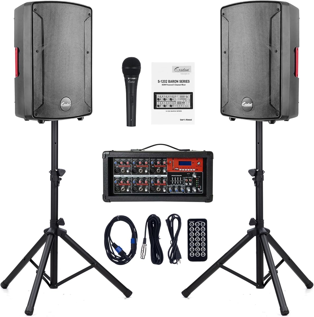 EXOTON S-1202 12inch 2000W Bluetooth PA System with Powered Mixer Set, Passive Speakers with 6 Channel Mixer/Stands/Mic/Effect Controller/ 48V Phantom Power,for Indoor&Outdoor