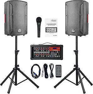 EXOTON S-1202 12inch 2000W Bluetooth PA System with Powered Mixer Set, Passive Speakers with 6 Channel Mixer/Stands/Mic/Effect Controller/ 48V Phantom Power,for Indoor&Outdoor