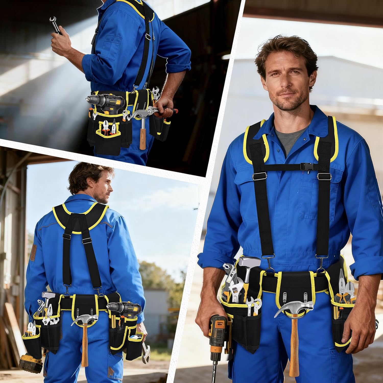 Tool belts for men - multi-functional detachable adjustable tool belt with shoulder strap magnetic wristband set, suitable for electricians and carpenters。 (black and yellow)