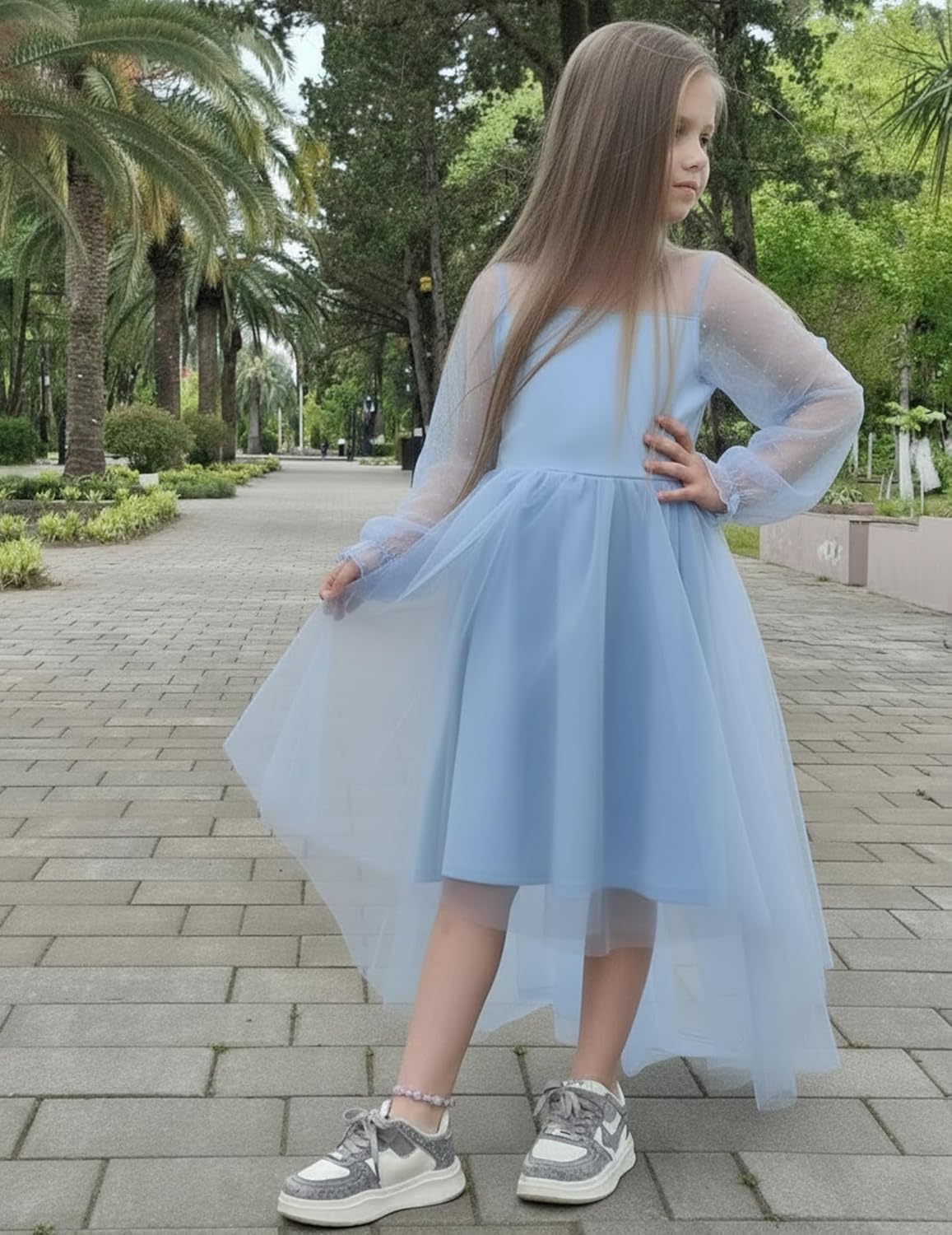 Arshiner Girls Dresses Contrast Mesh Long Sleeve Twirly High Low Birthday Party Formal Dress