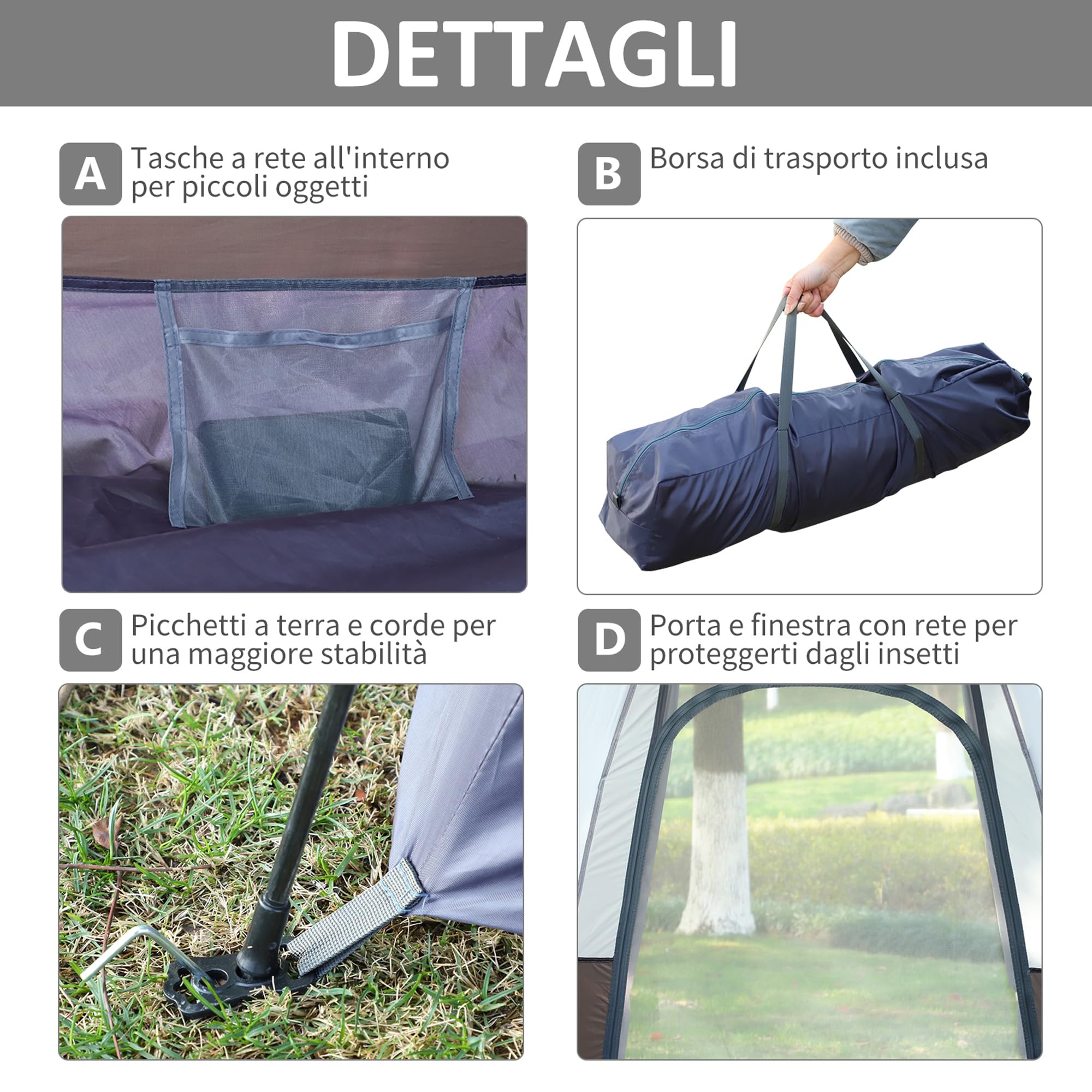 Outsunny Tenda da Campeggio 2 Posti con Apertura Automatica e Accessori Inclusi, Tenda da Viaggio in Acciaio, Tessuto Oxford e Fibra di vetro, Grigia e Nera
