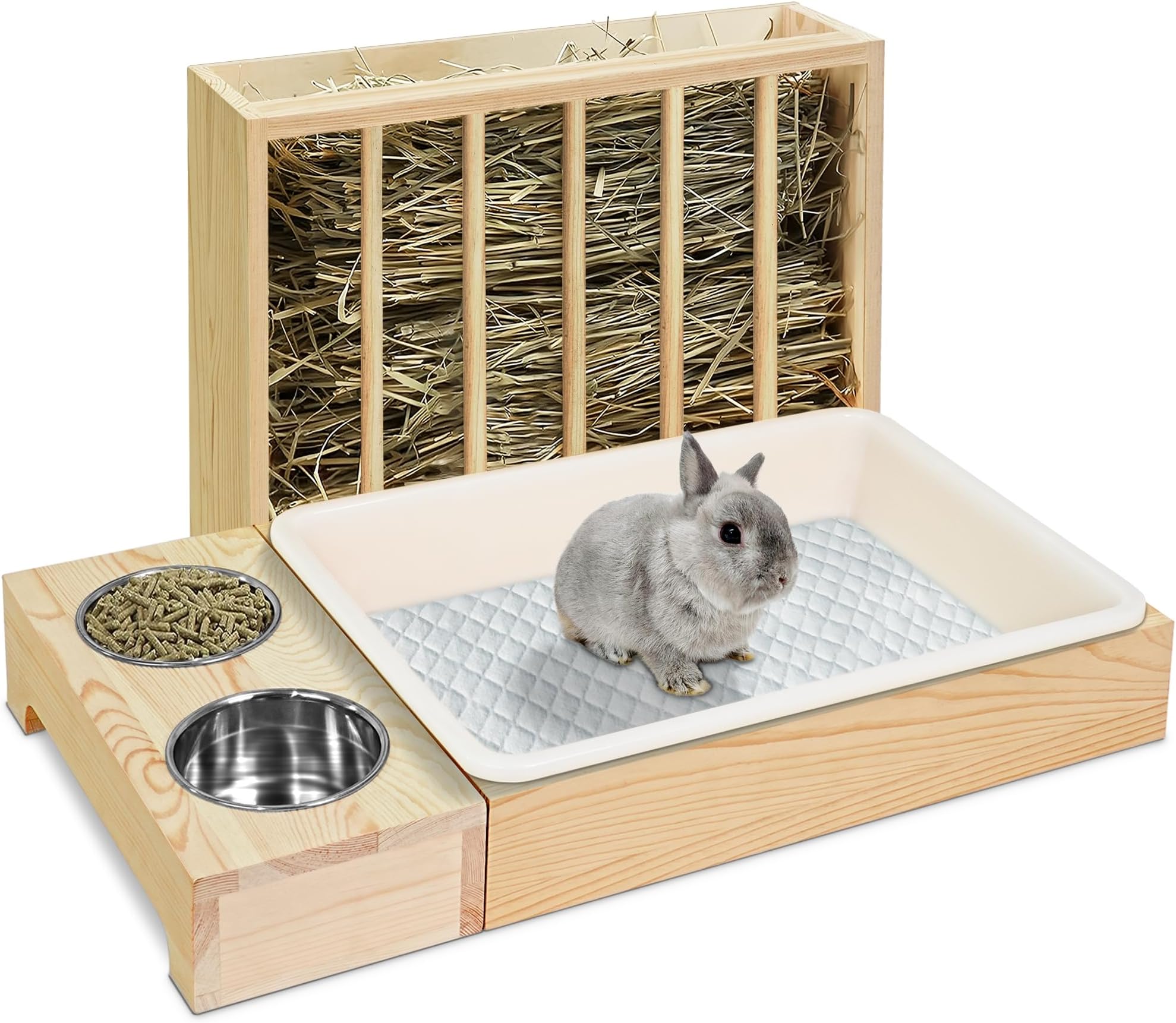 MOBYKE 3 in 1 Rabbit Hay Feeder with Litter Box, Wood, Mess Proof, for Guinea Pig, Chinchillas, Hamster, Dwarf Rabbit