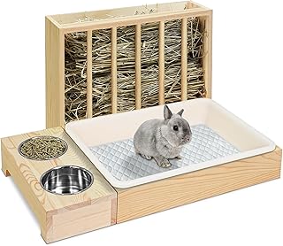 3 in 1 Rabbit Hay Feeder with Litter Box, Wooden Bunny Hay Feeder Guinea Pig Hay Holder with Toilet Small Animal Hay Holder Rack Manger for Chinchillas, Hamster, Dwarf Rabbit