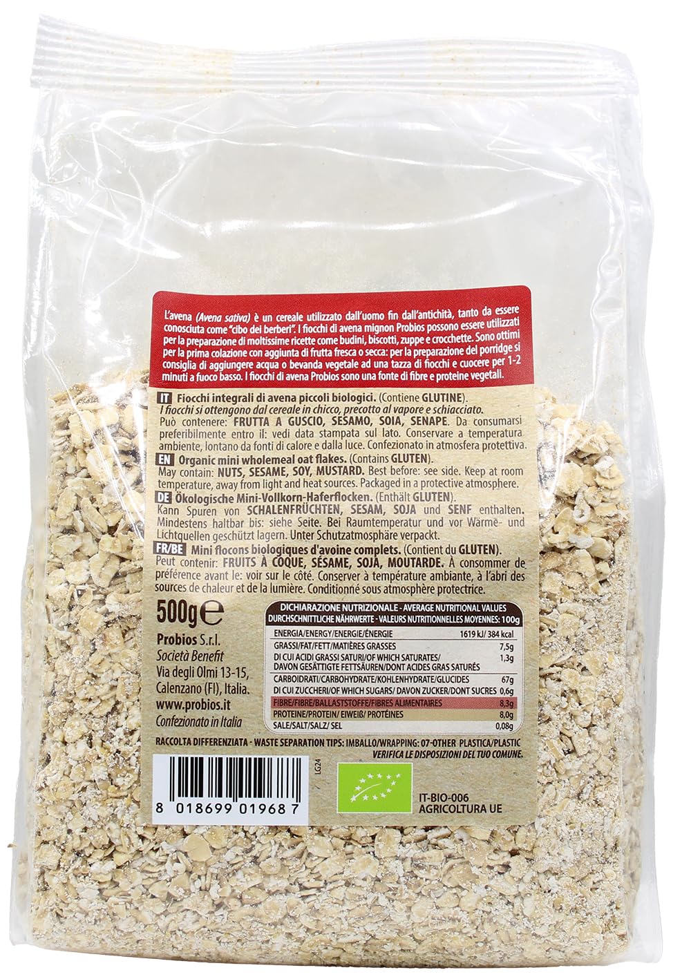Probios Fiocchi d'Avena Integrale Mignon Biologici Senza Glutine - Avena Integrale per Porridge e Colazione - Alto Contenuto di Fibre e Proteine ​ ​​- Confezione da 6 da 500g