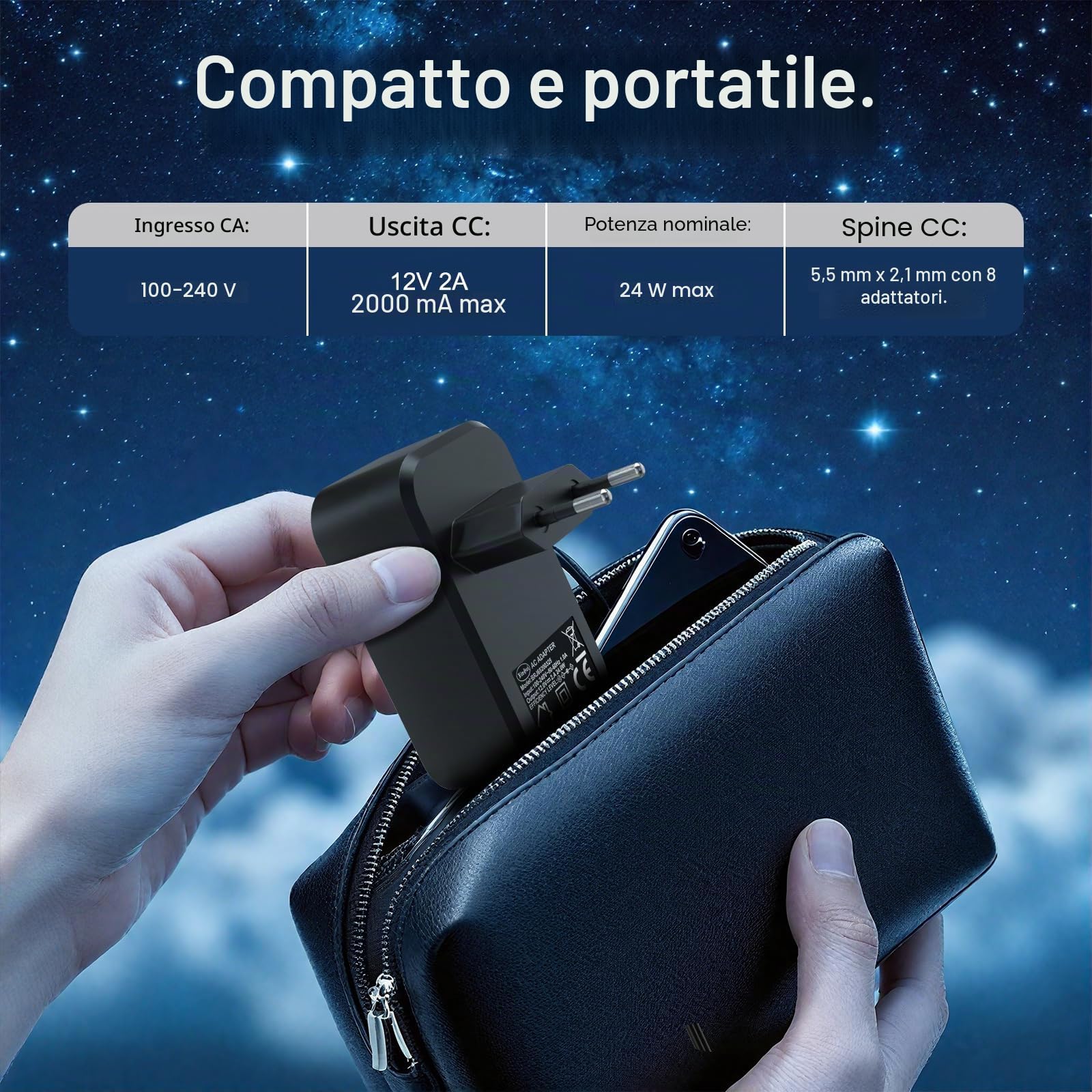 Shefor Alimentatore 12V 2A, Adattatore AC DC Universale Driver Alimentazione 5,5mm con 8 Adattatori Spina DC per Elettronica LED Striscia Luminosa Telecamera CCTV Router Monitor LCD e altro, 24W Max