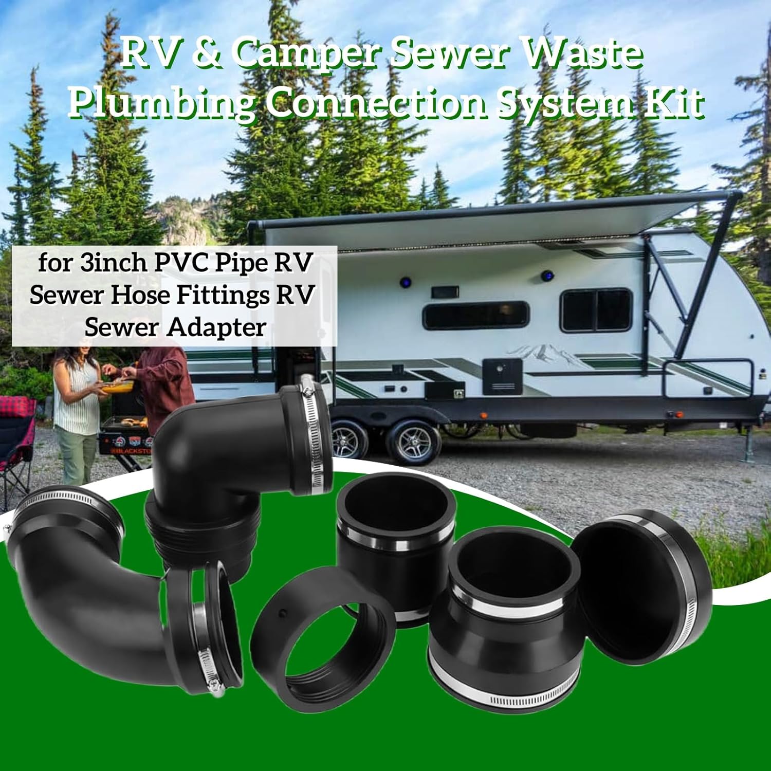 RV & Camper Sewer Waste Plumbing Kit with Slip Fit Coupling Adapter, for 3 Inch PVC Pipe, Universal RV Sewer Hose Fitting & Drainage System Accessories Mixizap