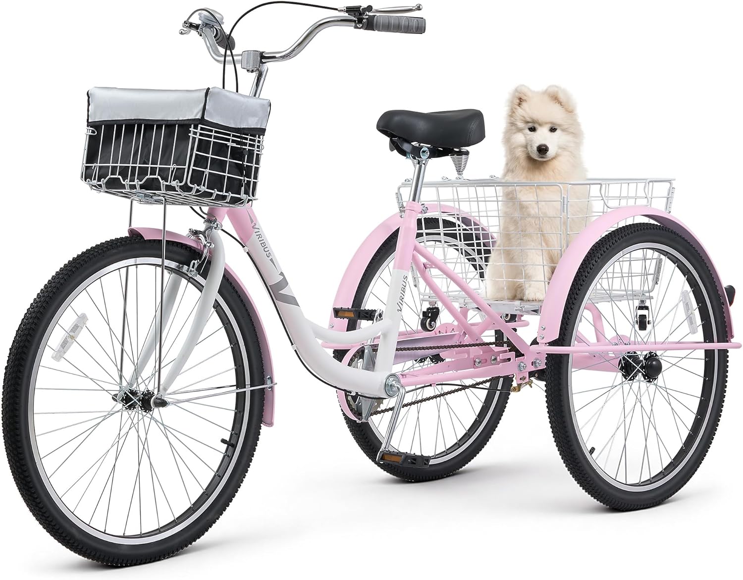 VIRIBUS Adult Tricycles for Women, Single Speed Tricycle for Adults with Front & Rear Detachable Wheeled Baskets, 3 Wheel Bikes for Adults Seniors 1 Speed, 400 lb. Capacity Three Wheeler, 26 in.