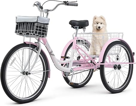 VIRIBUS Adult Tricycles for Women, Single Speed Tricycle for Adults with Front & Rear Detachable Wheeled Baskets, 3 Wheel Bikes for Adults Seniors 1 Speed, 400 lb. Capacity Three Wheeler, 26 in.