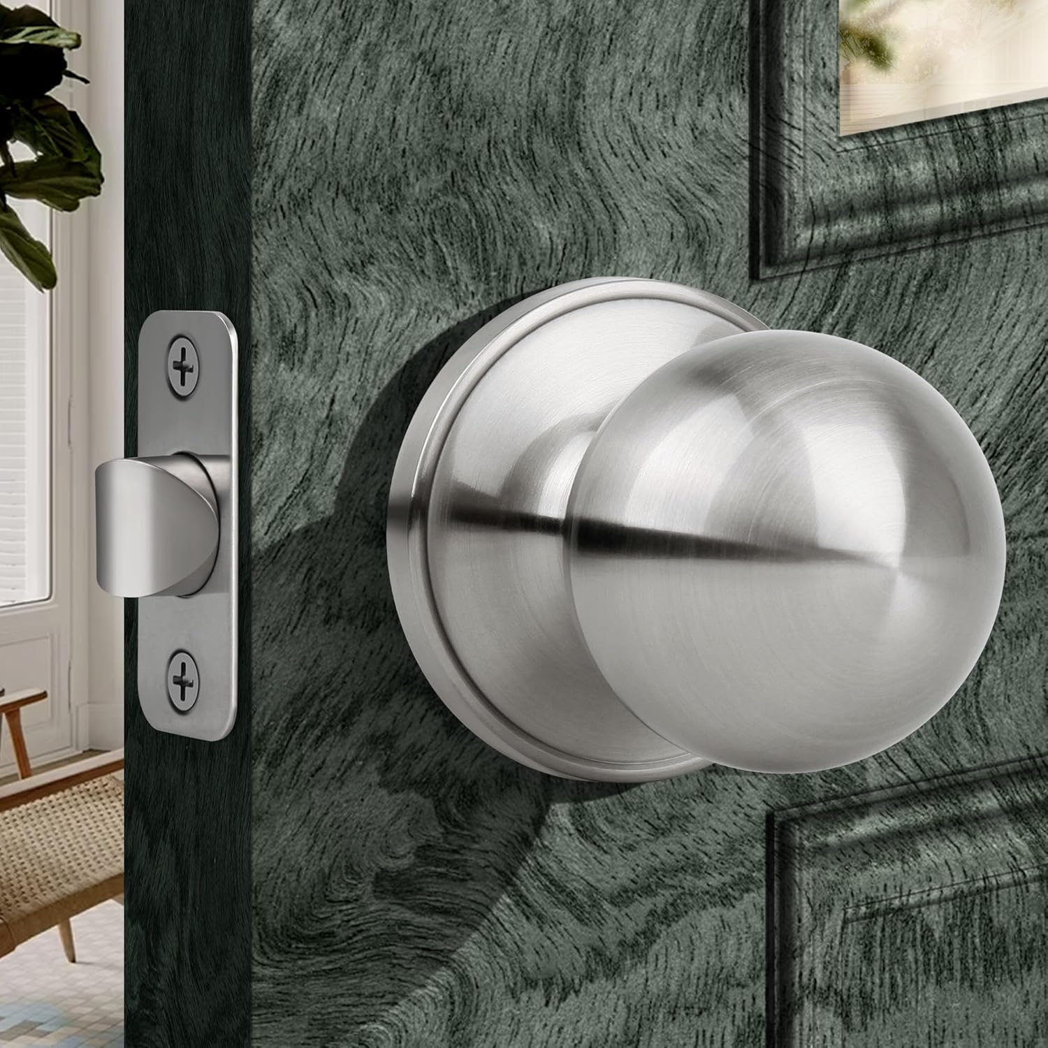 Moquin Passage Door Knob Without Lock or Key, Non-Locking Interior Round Ball Door Knob for Hallway or Closet, Satin Nickel