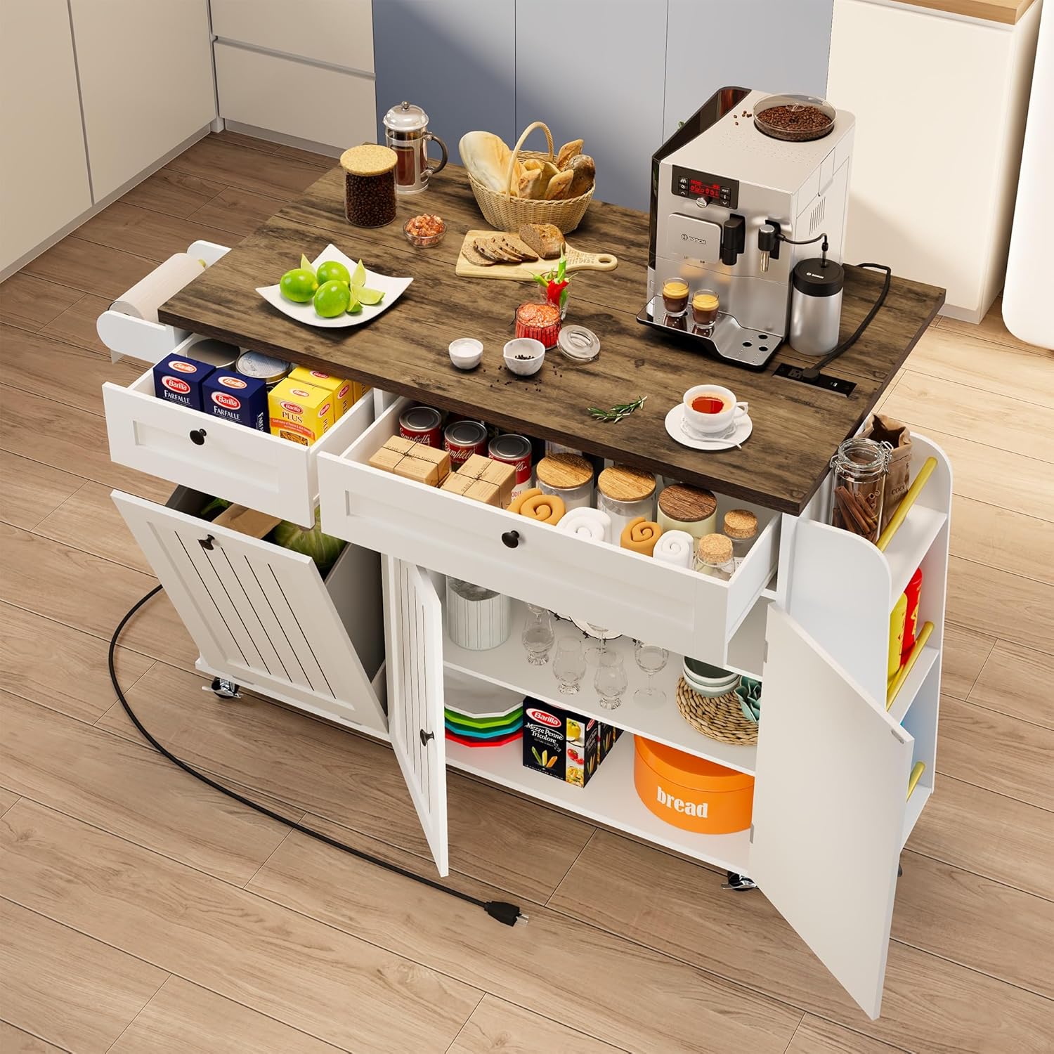 60.2'' Kitchen Island with Storage & Power Outlet, Rolling Kitchen Island on Wheels with Drop Leaf & Trash Can Storage, Island Table for Kitchen with 3 Spice Rack & Towel Rack, White