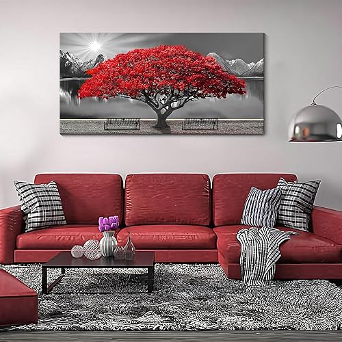 Black and White Red Tree Wall Art Canvas Print Picture Large Red Tree Landscape Modern Artwork for Living Room Bedroom Office Home Wall Decor With