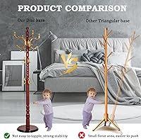 Vista 4 de Percheros de pie con 14 ganchos, perchero de madera natural con base redonda sólida, percheros de altura ajustable, fácil montaje para pasillo