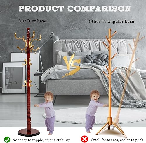 Miniatura 4 de Percheros de pie con 14 ganchos, perchero de madera natural con base redonda sólida, percheros de altura ajustable, fácil montaje para pasillo,