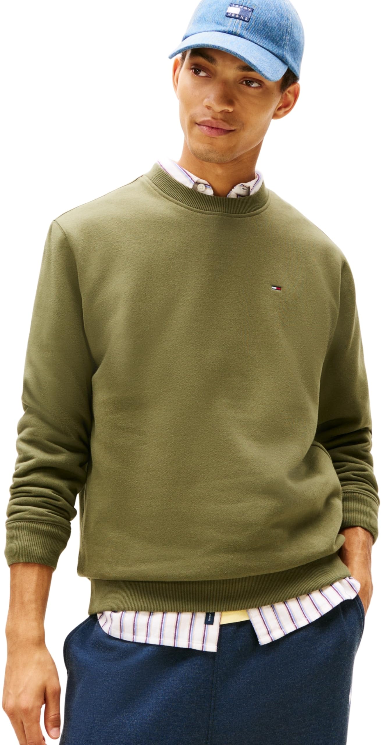 Tommy Jeans Men's TJM Reg S Flag Crew Ext Dm0Dm20741 Pullover Sweatshirt, Green (Dark Greenery), XS