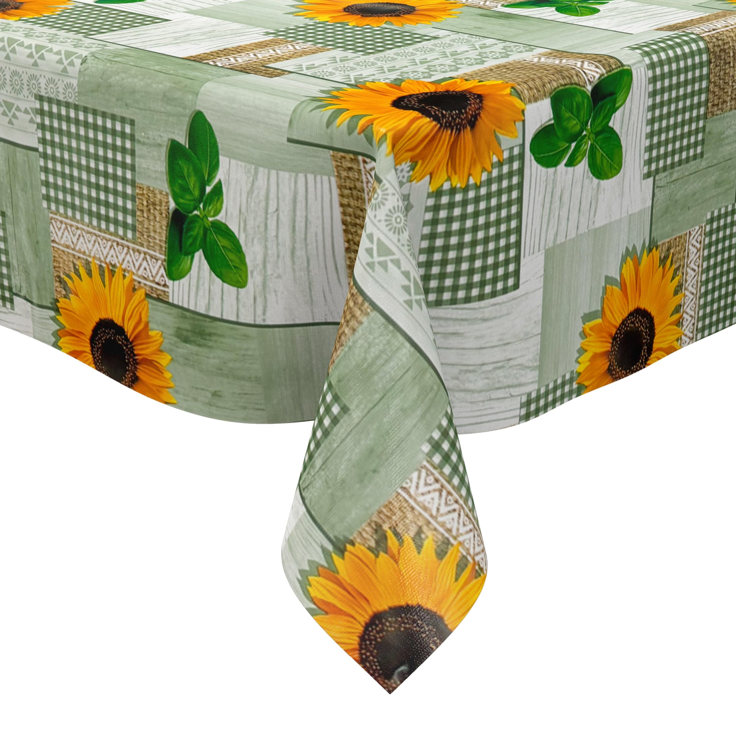KEVKUS Wachstuch Tischdecke 160 cm Breite PC130-2 grün Sonnenblumen wählbar in eckig, rund und oval - Größe oval 160x220cm mit Paspelband