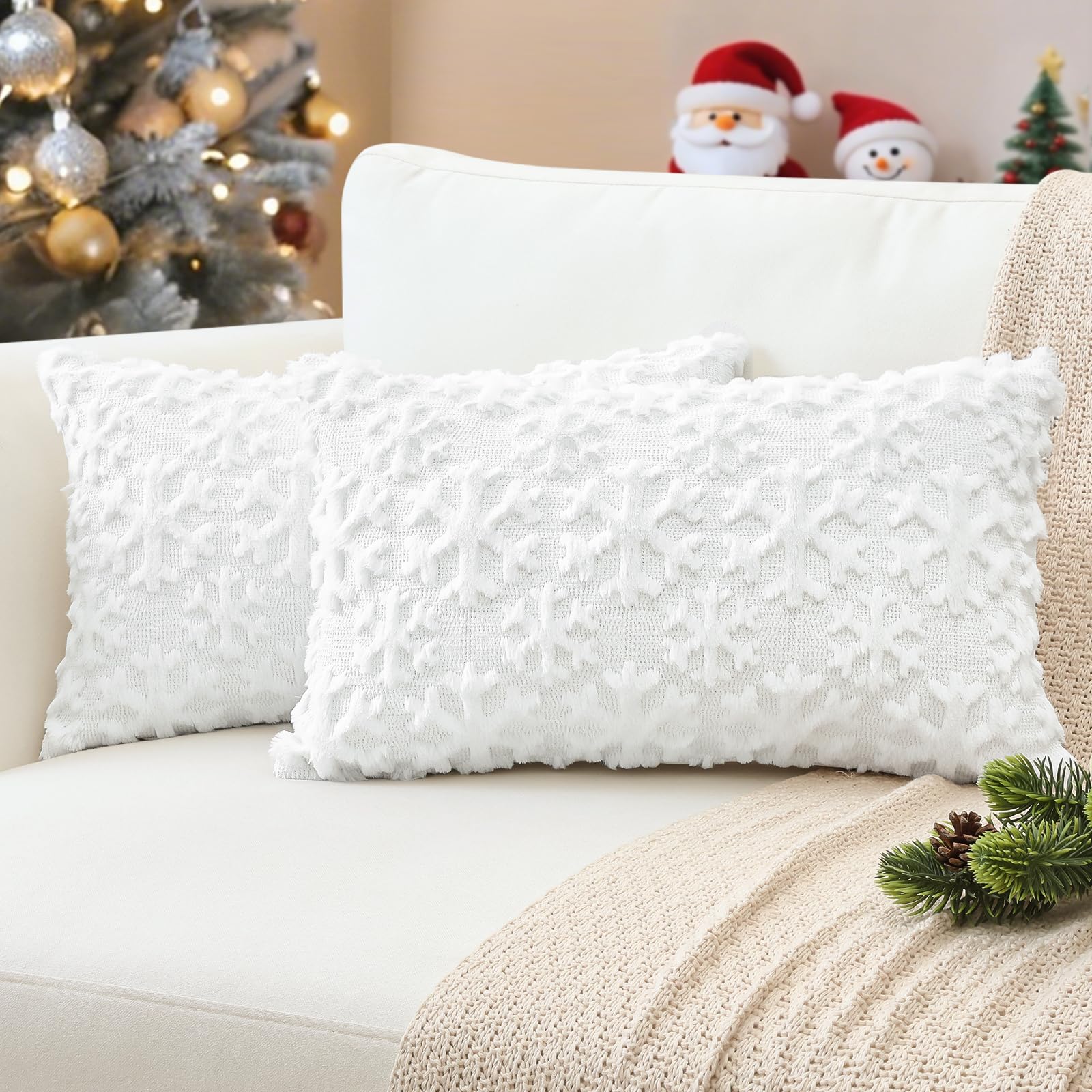 JOTOM White Snowflake Winter Christmas Cushion Covers 40x60 cm Set of 2 Soft Plush Faux Fur Christmas Decorative Throw Pillow Covers Holiday Pillow Case for Home Bedroom Couch Sofa Decor (White)