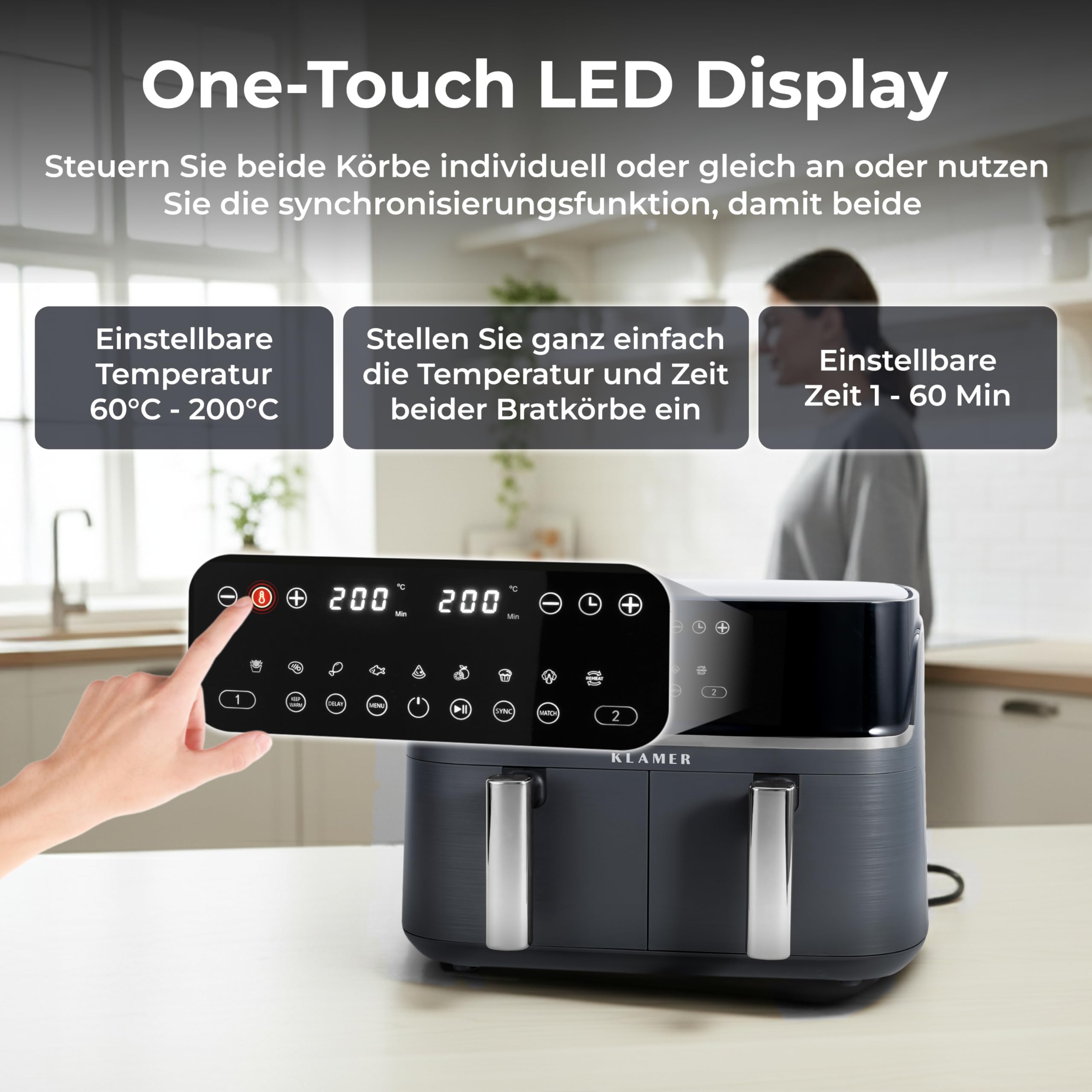 KLAMER Heißluftfritteuse Duo 9 L – Doppelkammer Airfryer mit 2 Körben & Digitaldisplay, 10 Automatikprogramme, Dual-Funktion, Timer, 3000 W Heißluft-Zirkulation, spülmaschinengeeignet
