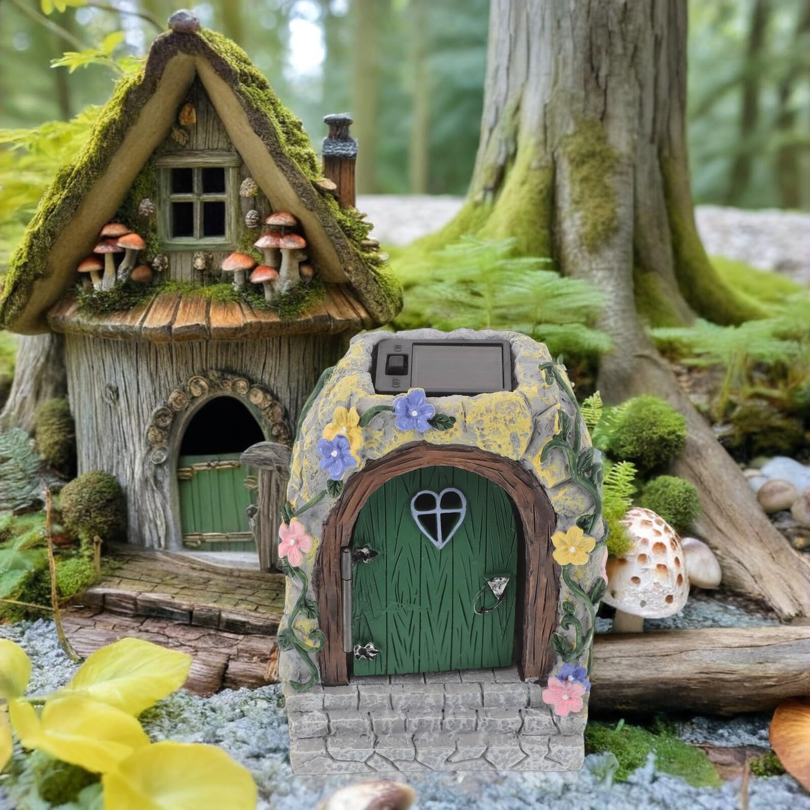 DOITOOL Puerta de Hadas para Jardín Resina con Luz Adorno Miniatura para Árbol Decoración Exterior Resistente la Intemperie para Patios y Bonsáis