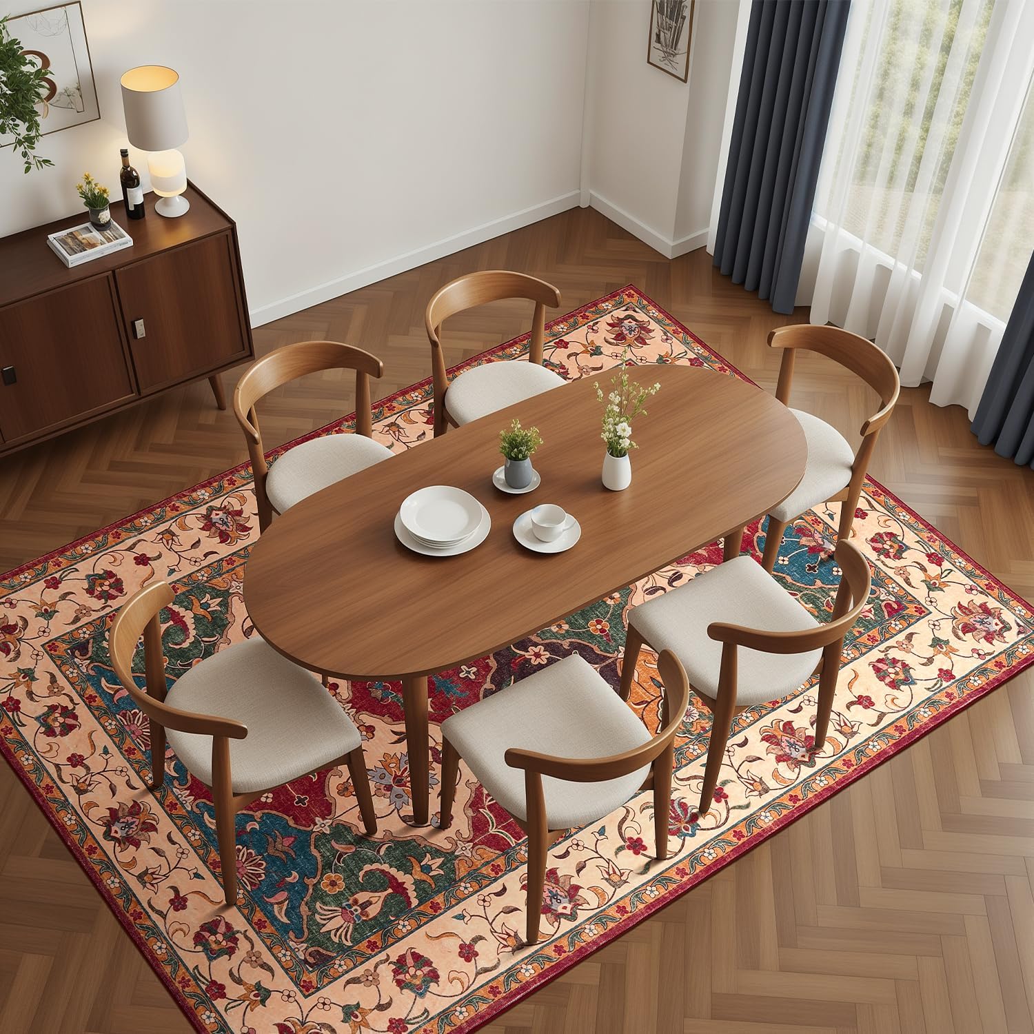 Lessymo Moroccan Washable Area Rugs 5x7, Soft Rugs for Living Room Bedroom, Indoor Non-Slip Large Vintage Carpet for Entryway Home Office, Classic Red and Cream