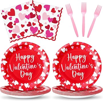 ZVK 10" Valentines Paper Plates 13" Dinner Napkins with Forks Set Lovely Heart Disposable Party Dinnerware Serve 20