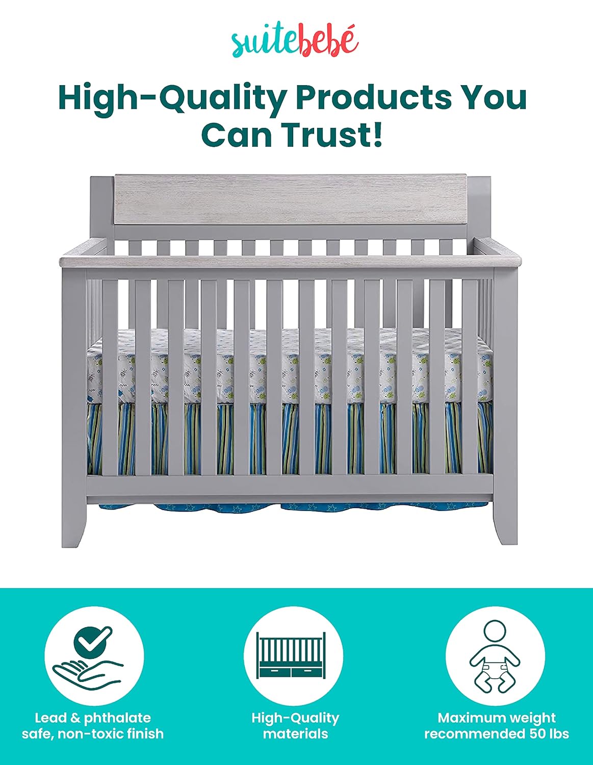 Suite Bebe Hayes 4 in 1 Convertible Crib, Gray and Faux Barnwood - Quick Ship