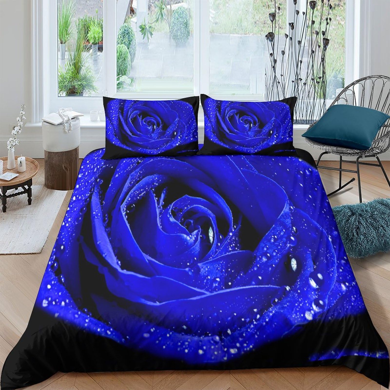 Ctjqhvkz Style-1 3D Printed Blue Rose Fitted Sheet Microfiber Decorative Floral Bed Cover Waterdrop Pattern For Bedroom Guest Room Single（135X200cm）