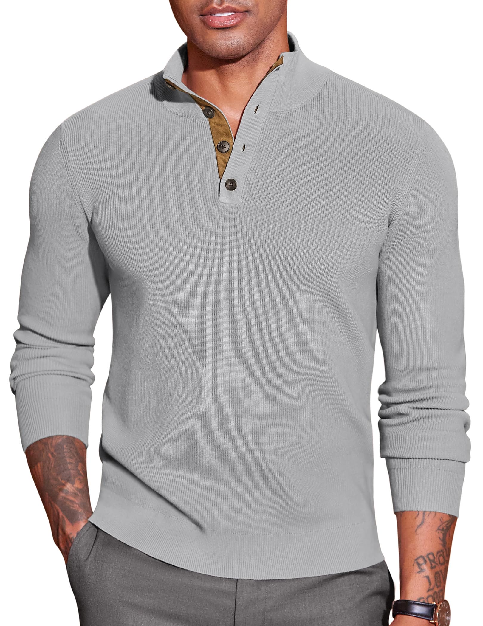 COOFANDY Herren Pullover Half Neck Stehkragen Retro Strickpullover mit 1/4 Knöpfe Wildleder Pulli Winterpullover Sweater