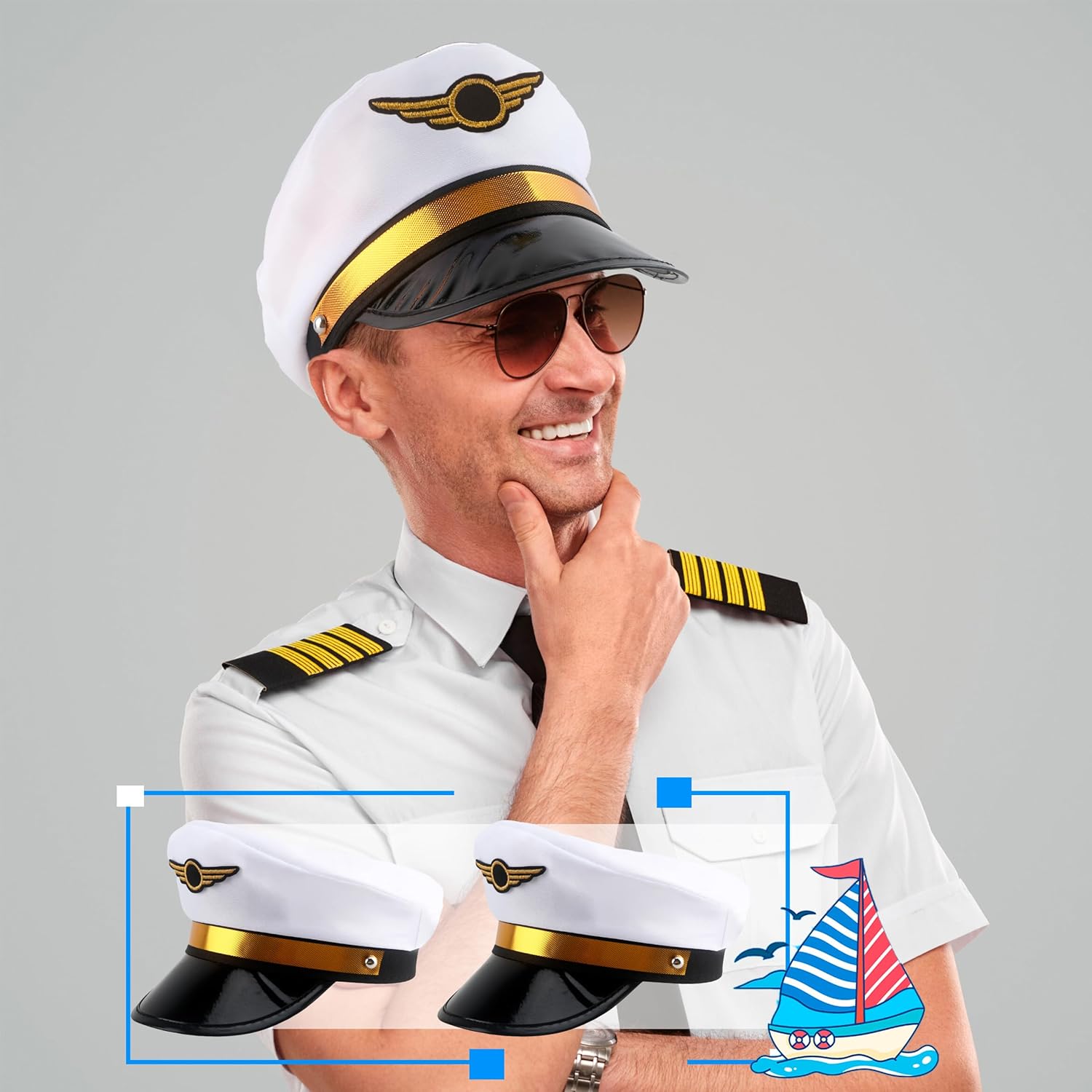 8 Pack Adult Pilot Hats Bulk Adjustable Airplane Pilot Hat Airline Captain Hat for Men Women Halloween Party Dress up Props - Image 4