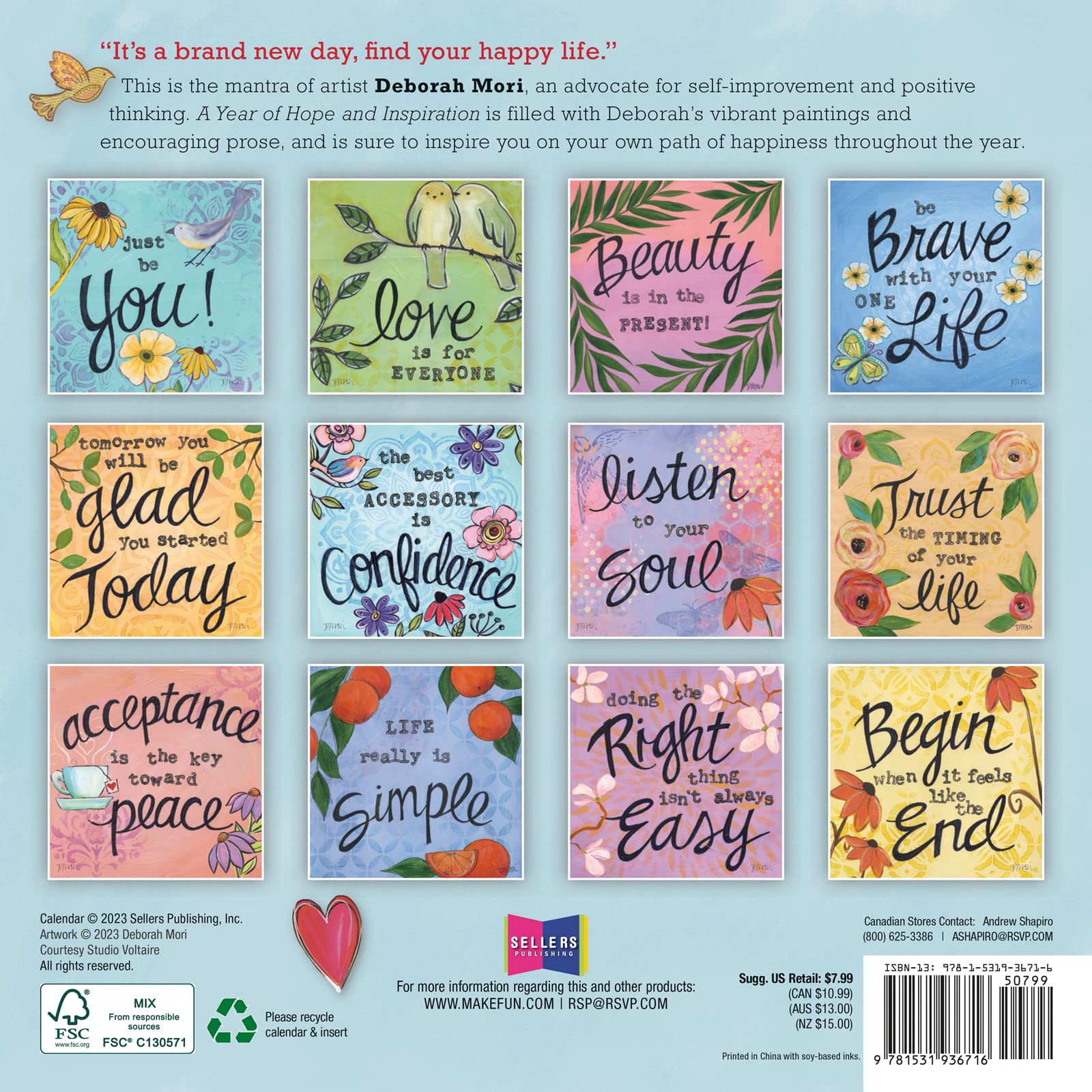 A Year of Hope and Inspiration 2024 Mini Calendar — By Deborah Mori, 7" x  7" : Office Products - Amazon.com