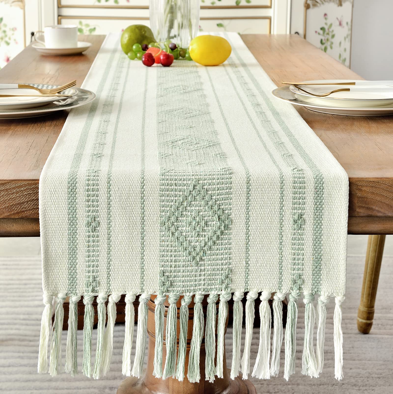 Wracra Boho Woven Table Runner 14 x 90 inches Green and White Rustic Table Runners Modern Farmhouse Style Vintage Rustic Table Runner with Tassels for Dresser Home Dining Table Decor(Green, 90")