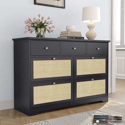 Cómoda de ratán natural con 7 cajones para dormitorio, cómoda moderna de mediados de siglo, cómoda de caña de madera con elegante mesa, cómoda de