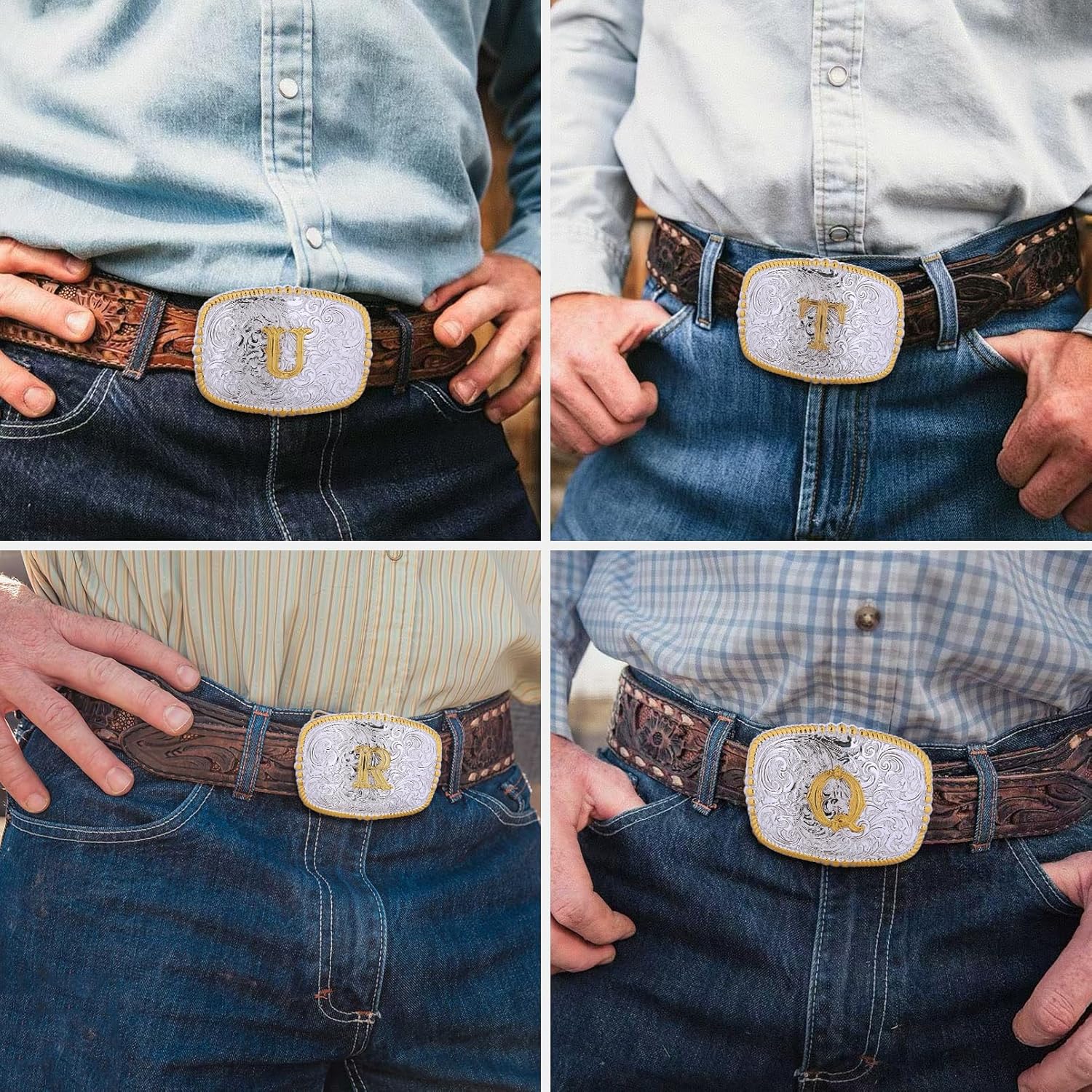 Btilasif Belt Buckles Men, Western Cowboy Gold Initial Letters ABCDJMR Belt Buckle, Western Accessories Cowboy Gifts for Men - Image 4