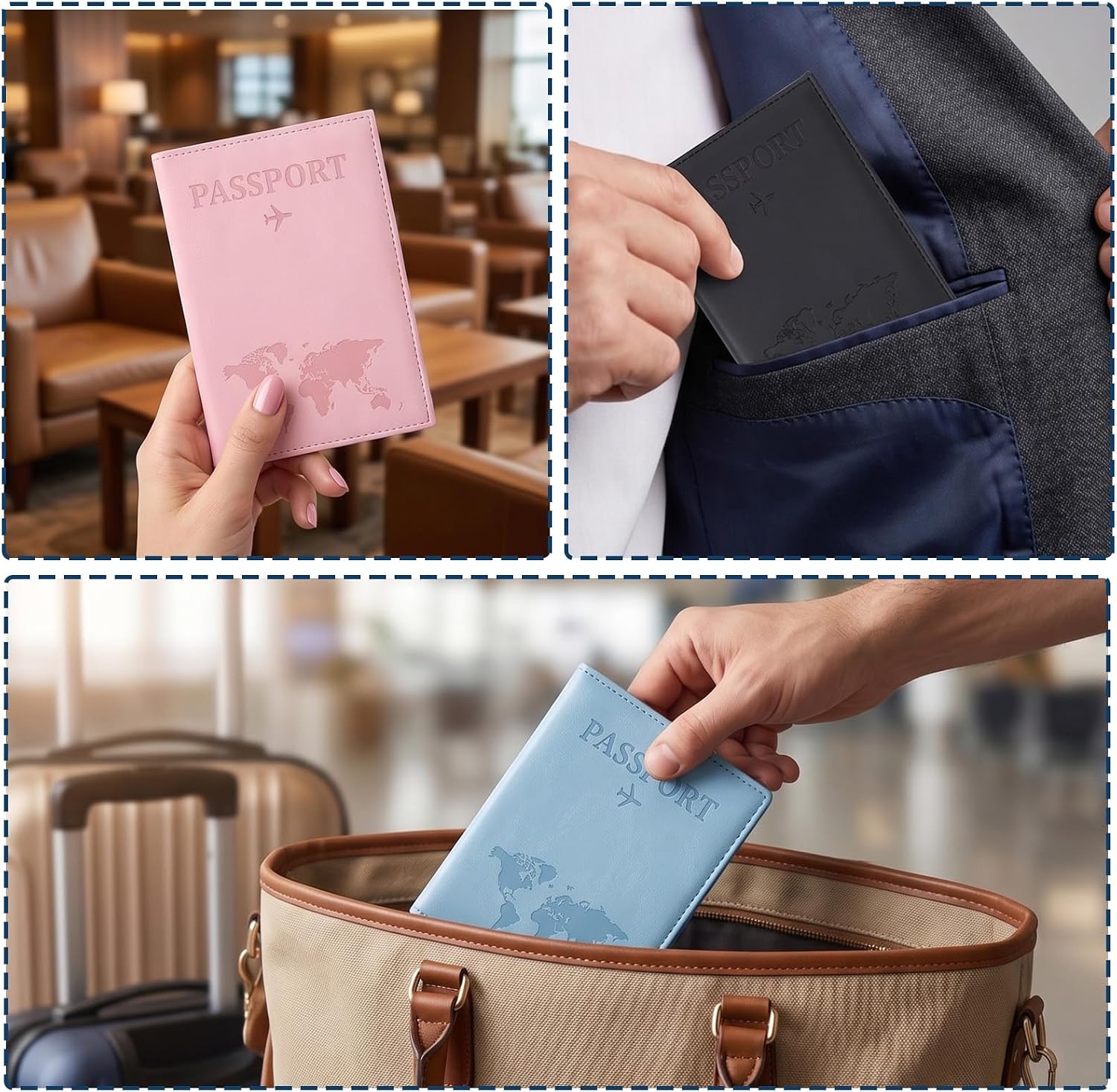 3 Pcs Passport Covers, Waterproof Leather Passport Protector Case, Wallet Cover Case, Anti-Lost Travel Essentials for Women Men Travel Accessories (black,bule,pink)