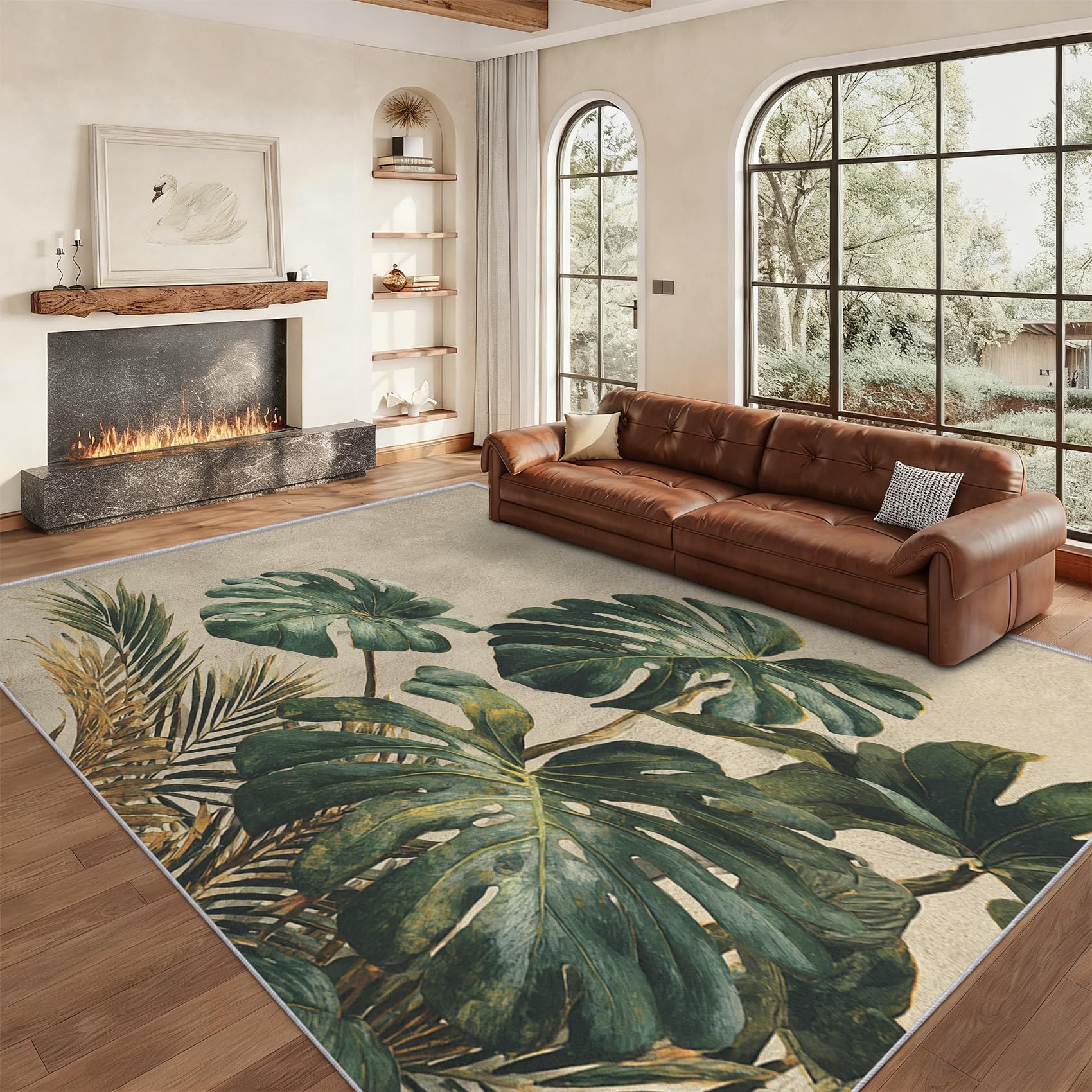 Washable Monstera Rug Large 7x10, Tropical Leaf Area Rugs for Bedroom, Plant Palm Leaves Indoor Carpet for Living Room Decor, Non Slip Soft Thin, Home Decor AH-5