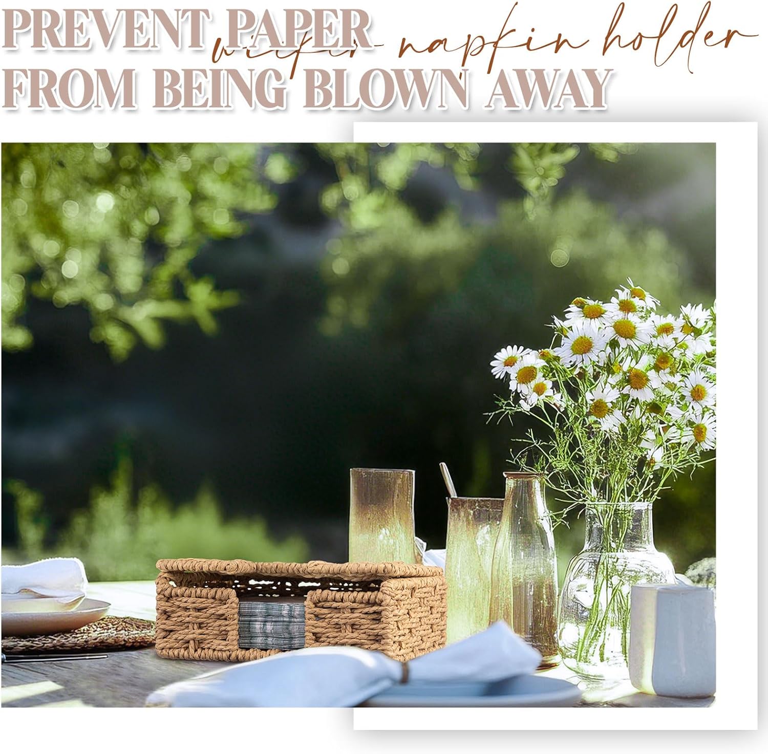 Threehoney Wicker Napkin Holder with Lid for Outdoor Picnic Table, Woven Rattan Flat Square Napkin Basket for Dinner Kitchen Camping Farmhouse, 7 x 7 Inch