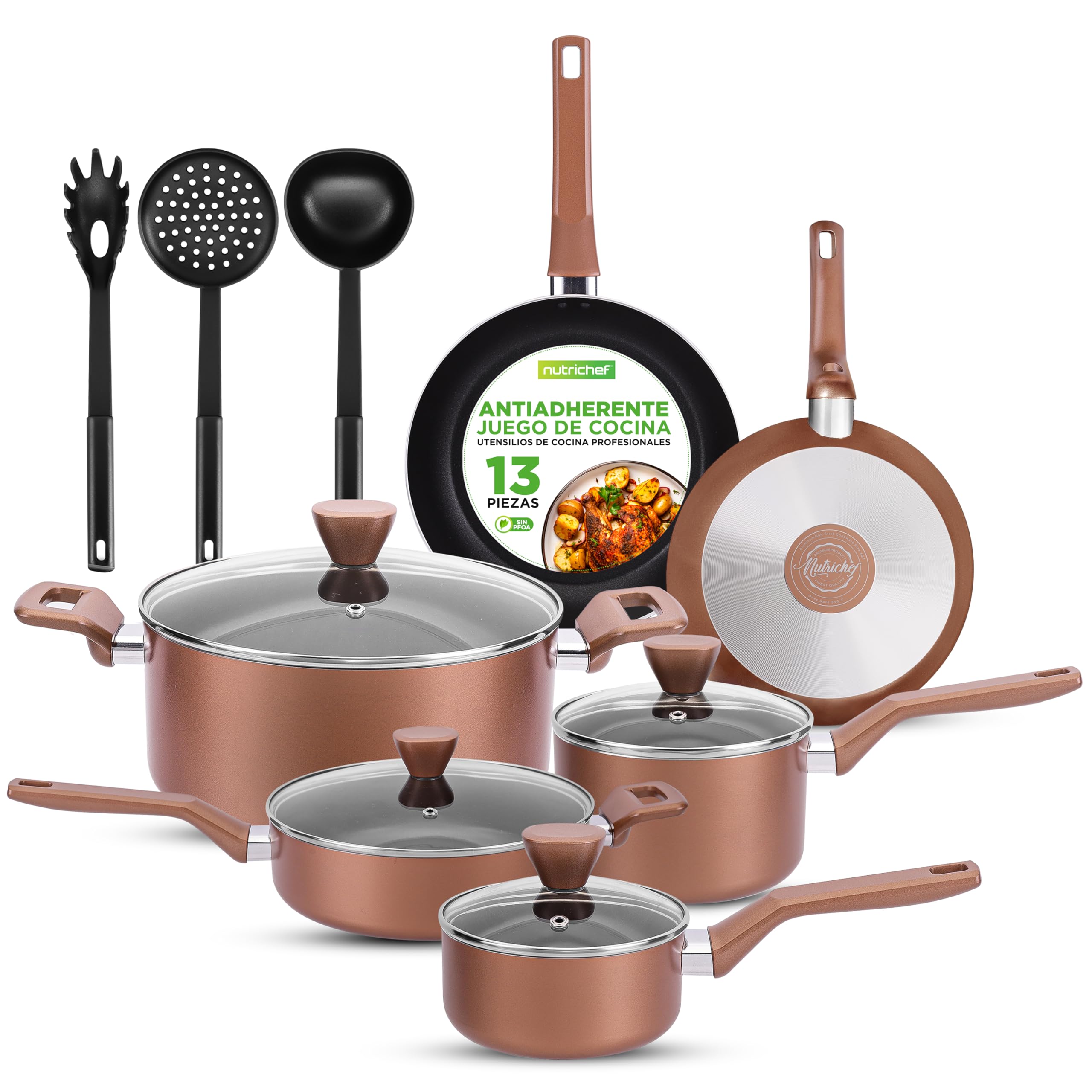 Nutrichef Juego de Ollas y Sartenes, 13 piezas, Tapas Antiadherentes, Resistentes al calor, Incluye Cucharon, Tenedor y Colador