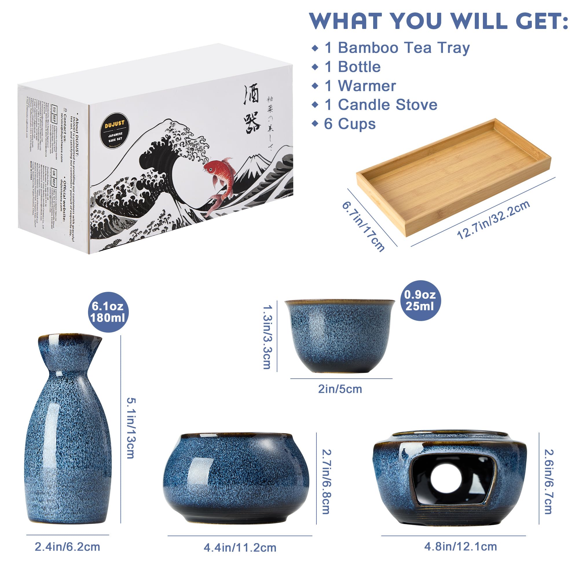 DUJUST 11 pcs Japanese Sake Set for 6, Kiln Altered Glaze Porcelain Sake Set, 6 Cups, 1 Bottle, 1 Warmer, 1 Candle Stove - Image 2