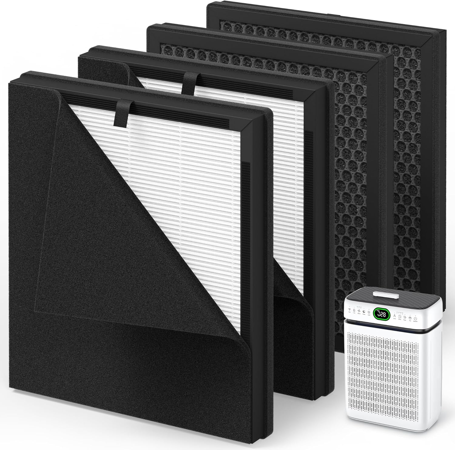 4 Packs A-2 Replacement Filters Compatible with Ameifu A-2 Air Purifiers for Home Large Room Up to 3500 Sq Ft, 2-in-1 H13 True HEPA and Activated Carbon Filter