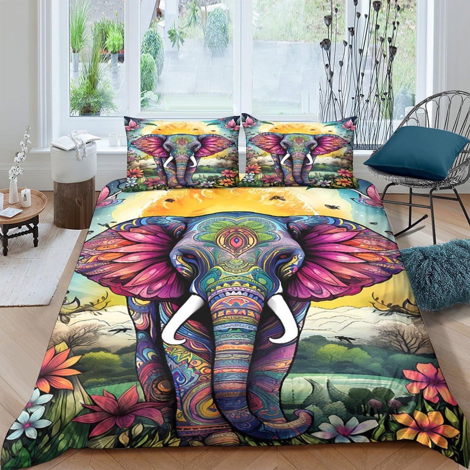 Ctjqhvkz Style-8 3D Printed Colorful Elephant Fitted Sheet Microfiber Durable Vibrant Jungle Bed Cover For Bedroom Guest Room Decor Single（135X200cm）