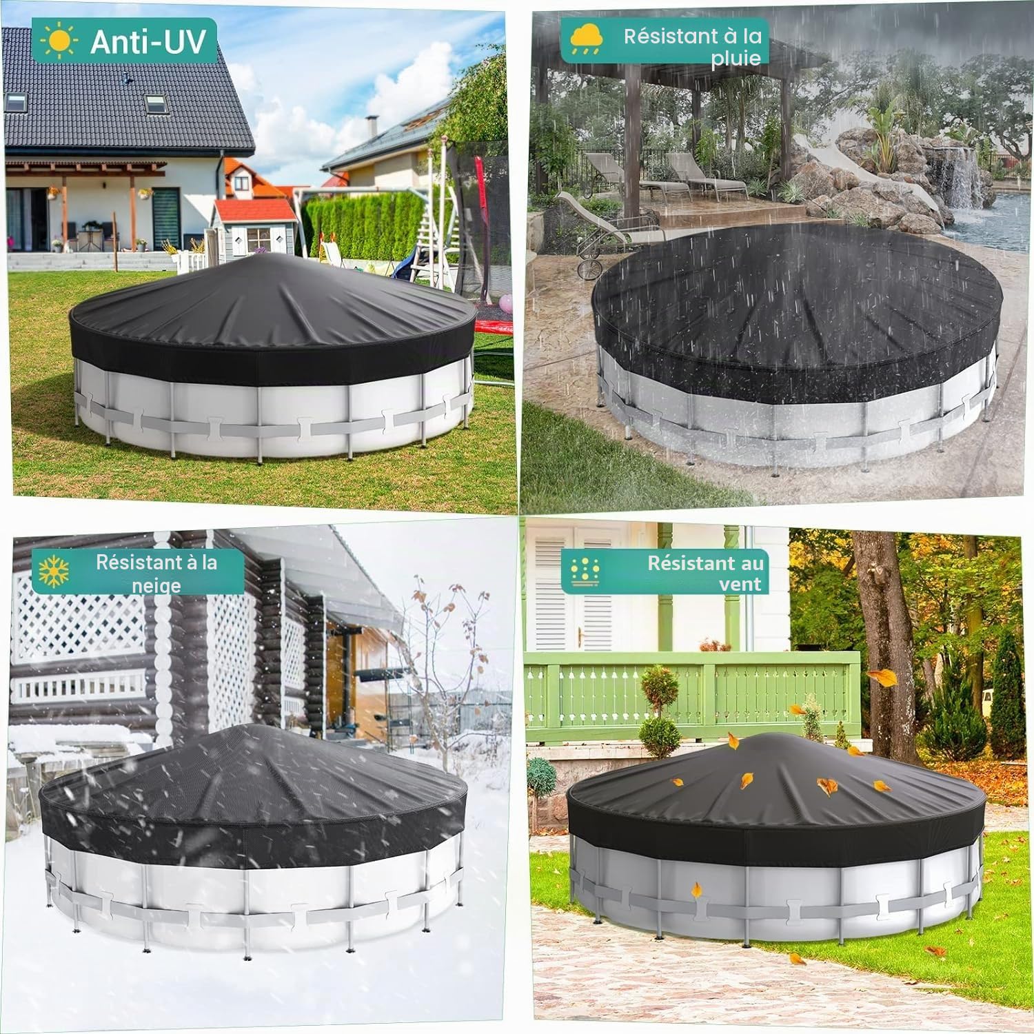Bache Piscine Ronde 305, 420D Oxford Tissu Bache Hivernage Piscine Hors Sol, BâChe de Piscine Ronde ImperméAble Et IndéChirable