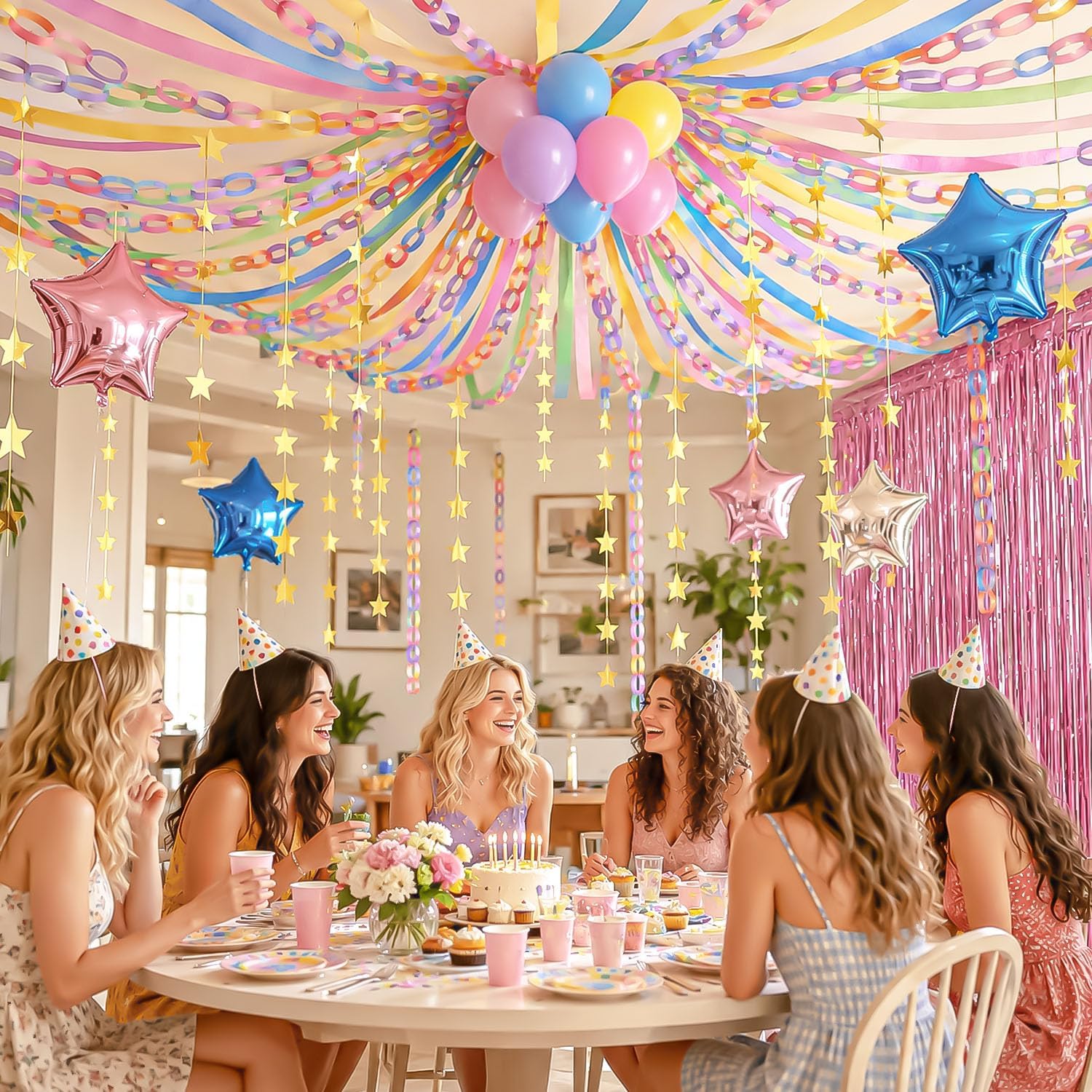 500 Sheets Paper Chains Garland Strips and Star Garland for Fancy Party | 574ft Crepe Paper Streamers, 79ft Gold Star Garland, Pink Foil Fringe Curtains,20 Colorful Balloons for Birthday Classroom