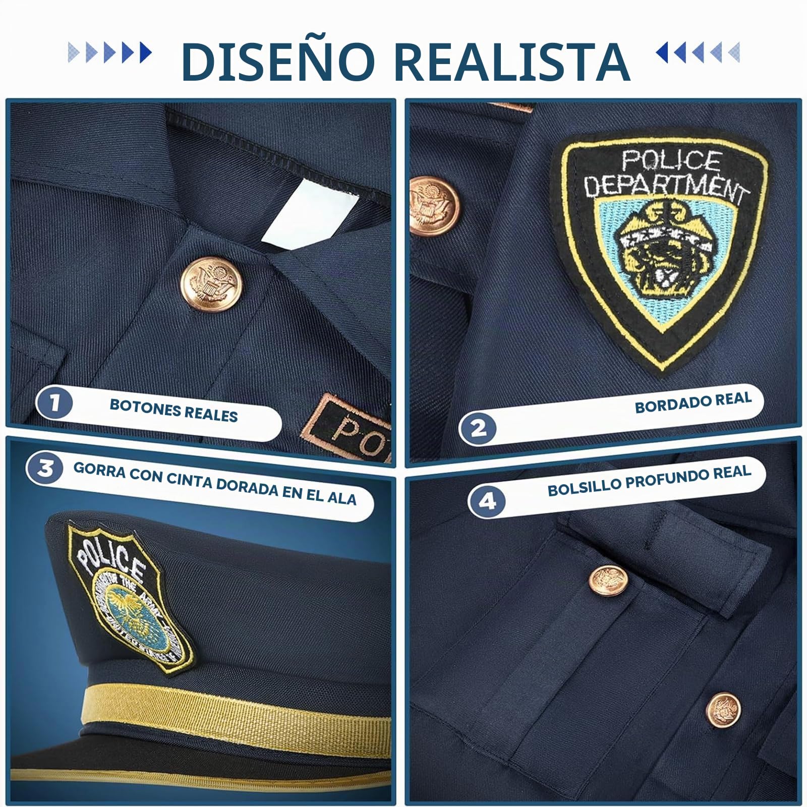 Disfraz Policia Niño con Esposas Juguete Niños, Funda de Pistola, Silbato, Placa Policia y Otros Accesorios de Juguete, Policia Disfraz Lujo para Halloween de Cosplay