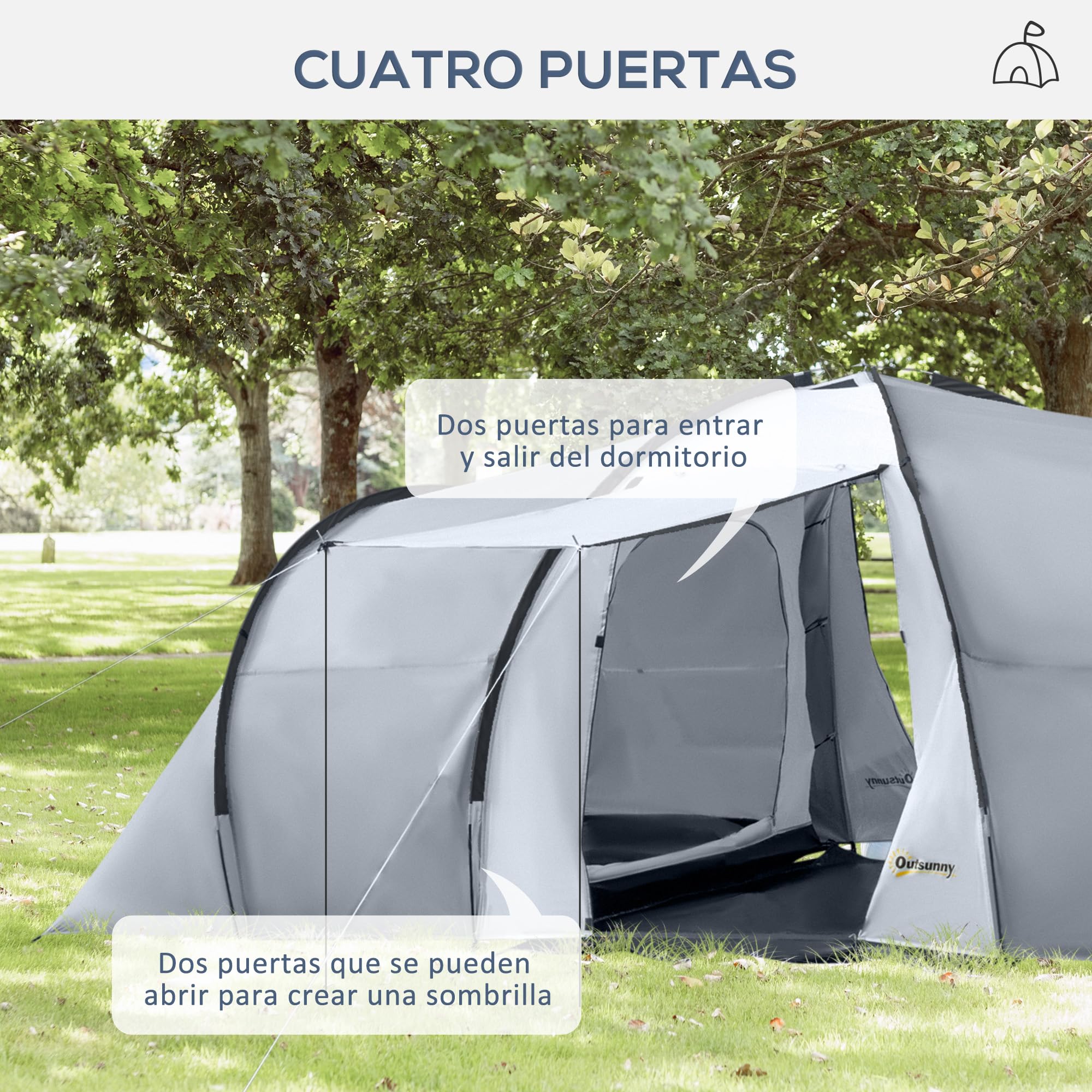Outsunny Tienda de Campaña Familiar para 4-6 Personas Tienda de Camping Plegable Ligero con 2 Ventanas y Bolsa de Transporte Impermeable Anti-UV para Senderismo 590x245x193 cm Gris