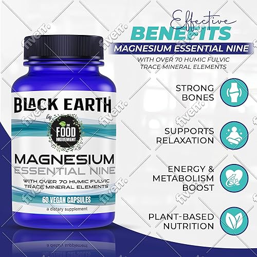 Miniatura 3 de The Food Movement Co. Black Earth Magnesium Essential Nine - 60 cápsulas veganas con glicinato de magnesio, citrato, malato y más, 9 formas